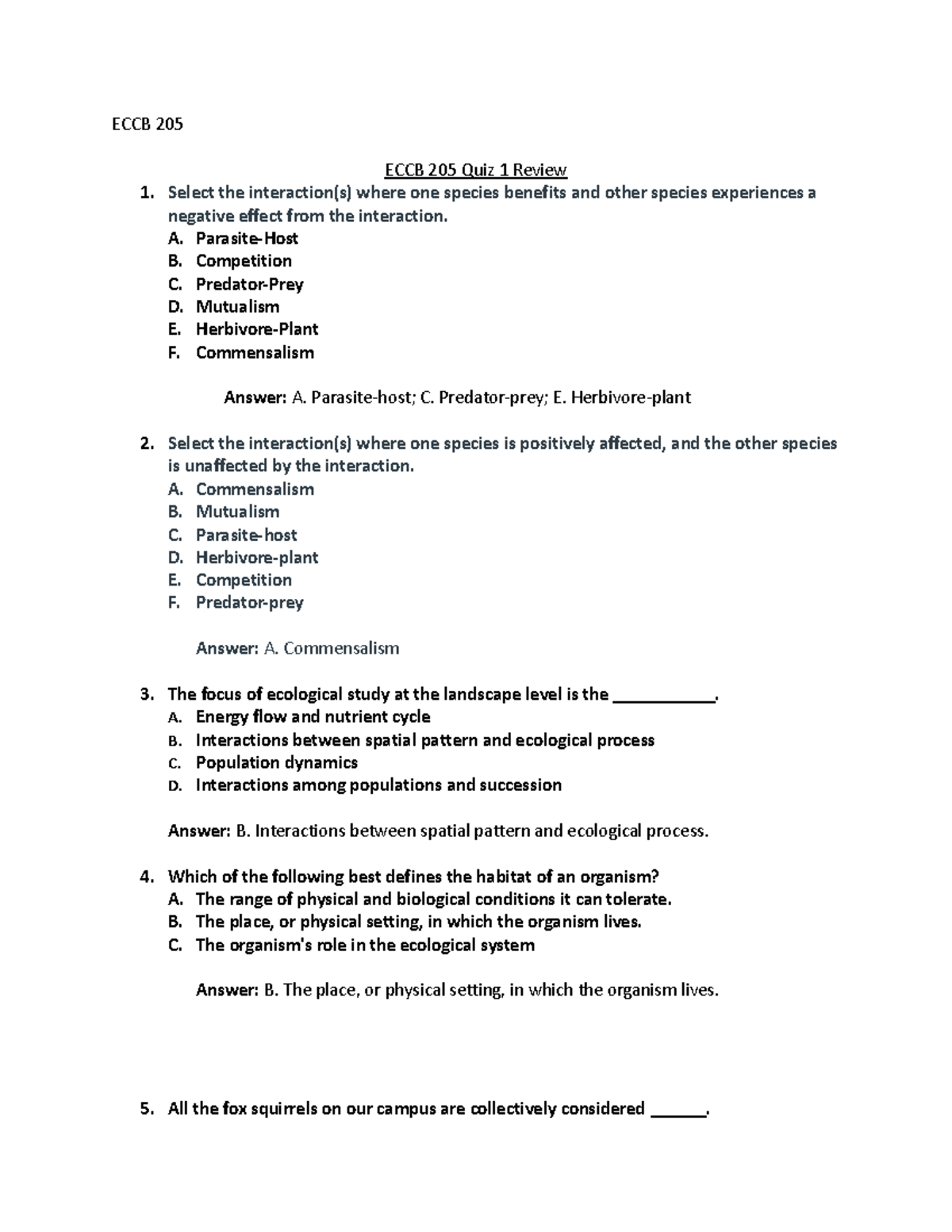 ECCB 205 Quiz 1 Review - Key Concepts in Ecology and Interactions - Studocu