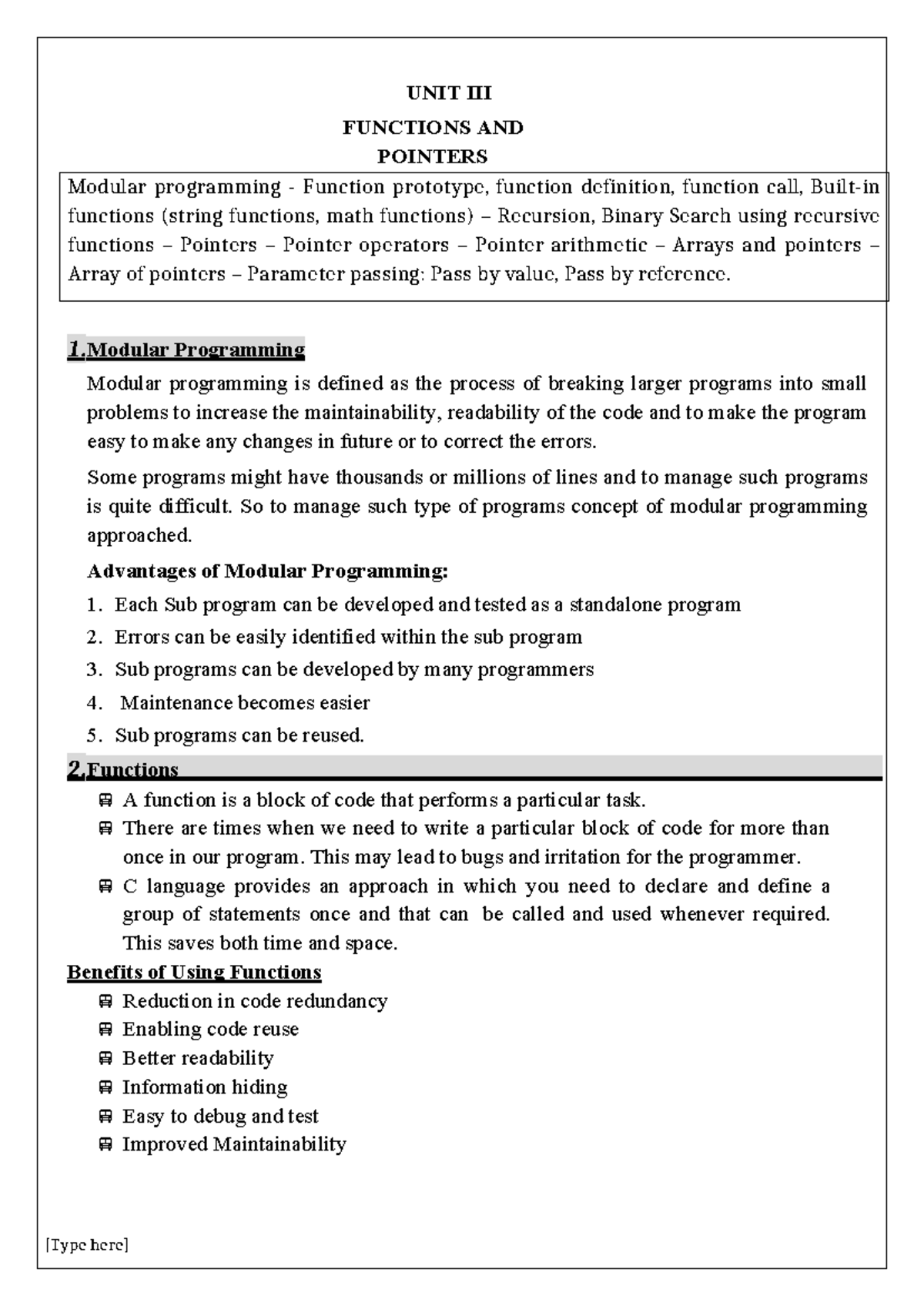 UNIT-III Functions and Pointers - updated - UNIT III FUNCTIONS AND ...