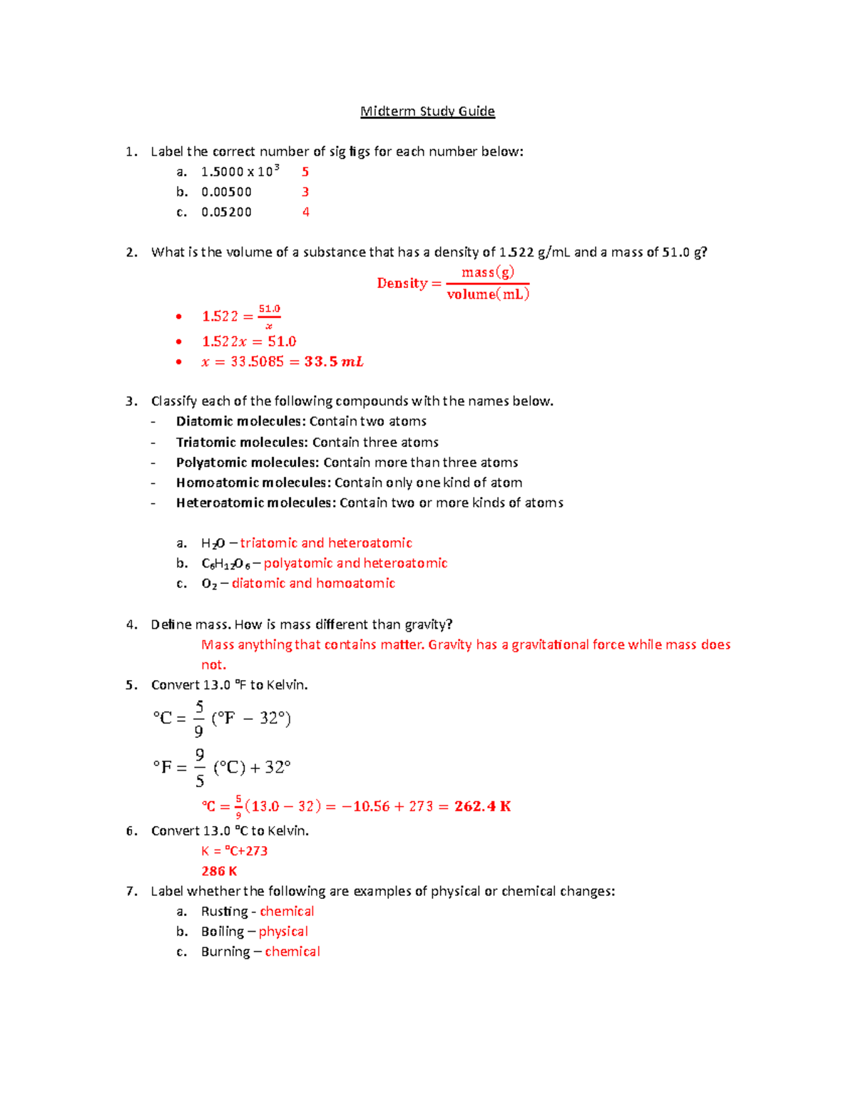 Midterm Study Guide CHM101 (Spring 2024) - Answers and Solutions - Studocu