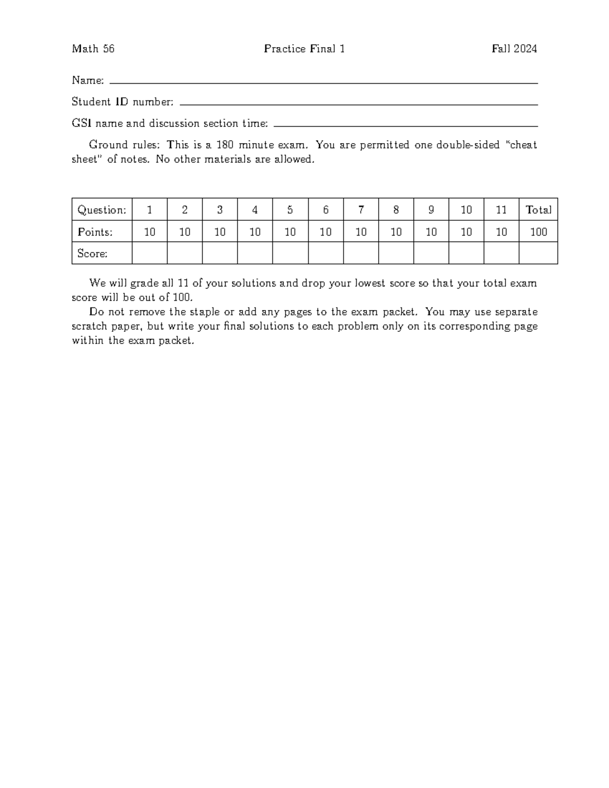 Fall '24 Practice Final 1-1 - Math 56 Practice Final 1 Fall 2024 Name ...