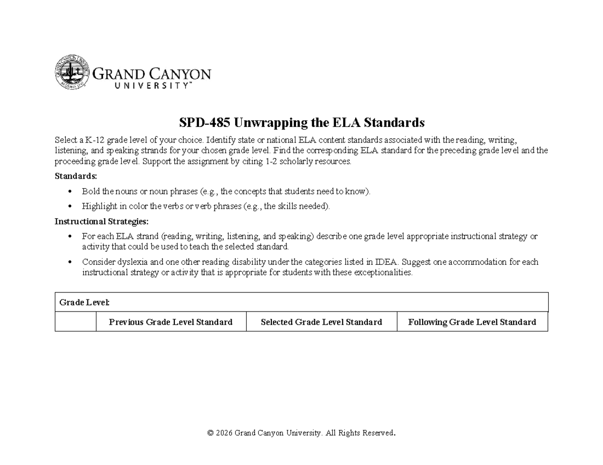 SPD-485 RS T1: Unwrapping ELA Standards for Grade Level Analysis - Studocu