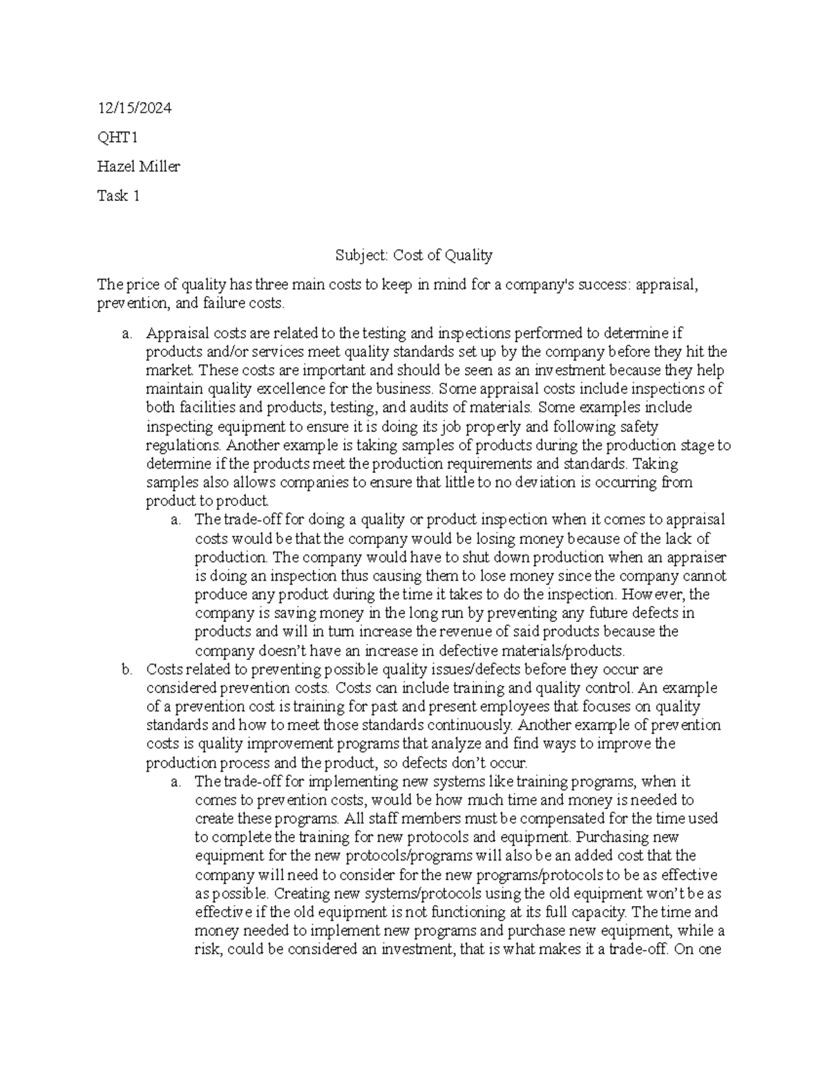 QHT1 task 1 - Task 1 - 12/15/ QHT Hazel Miller Task 1 Subject: Cost of ...