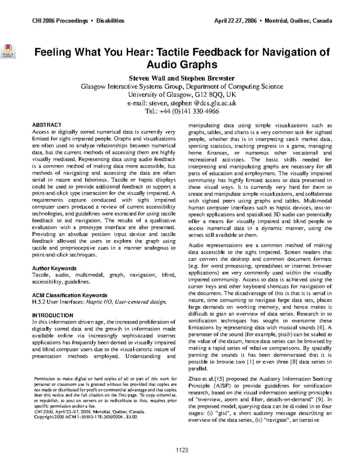 CHI 2006 Proceedings: Tactile Feedback for Audio Graph Navigation - Studocu