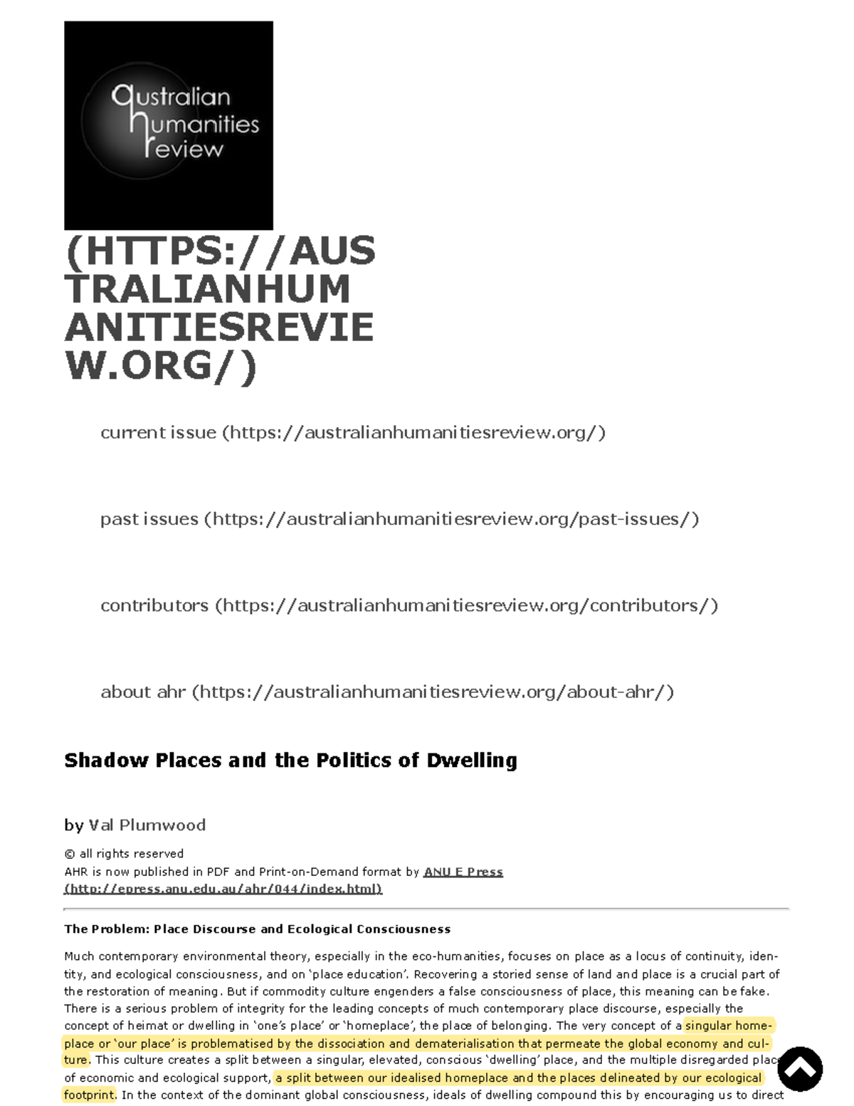 Revisiting Shadow Places: Dwelling Politics in Environmental Discourse ...