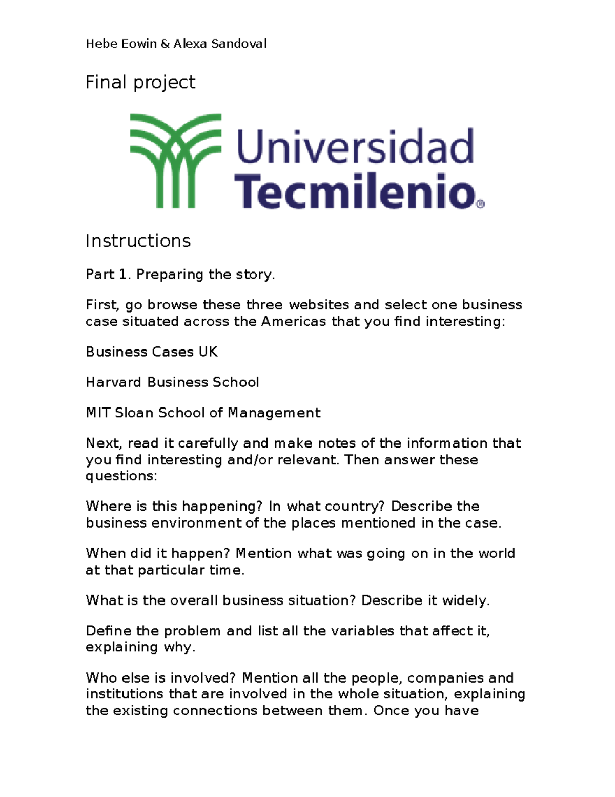 Final project - Final project Instructions Part 1. Preparing the story ...
