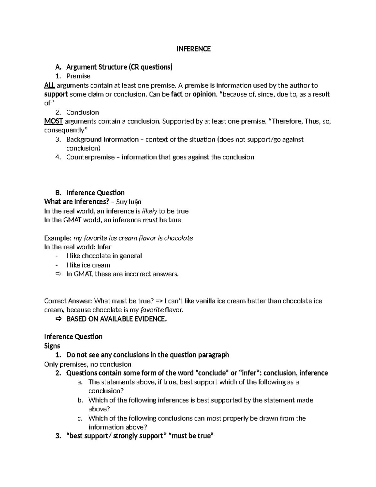 Inference - INFERENCE A. Argument Structure (CR questions) 1. Premise ...