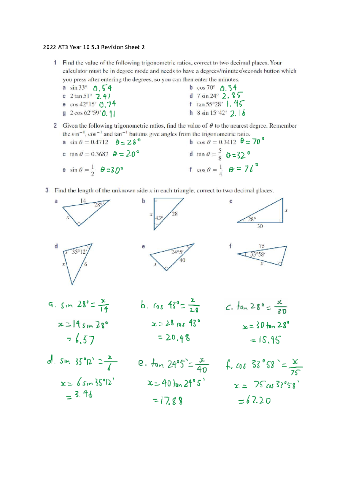 Year 10 5.3 Trigonometry Revision Sheet 2 Solutions - Studocu