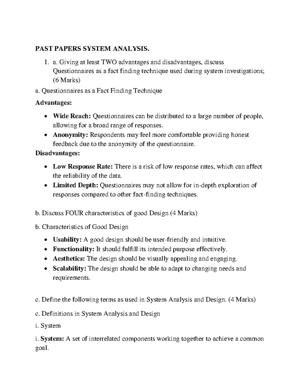 PAST Papers System Analysis and Design Review Guide - Studocu