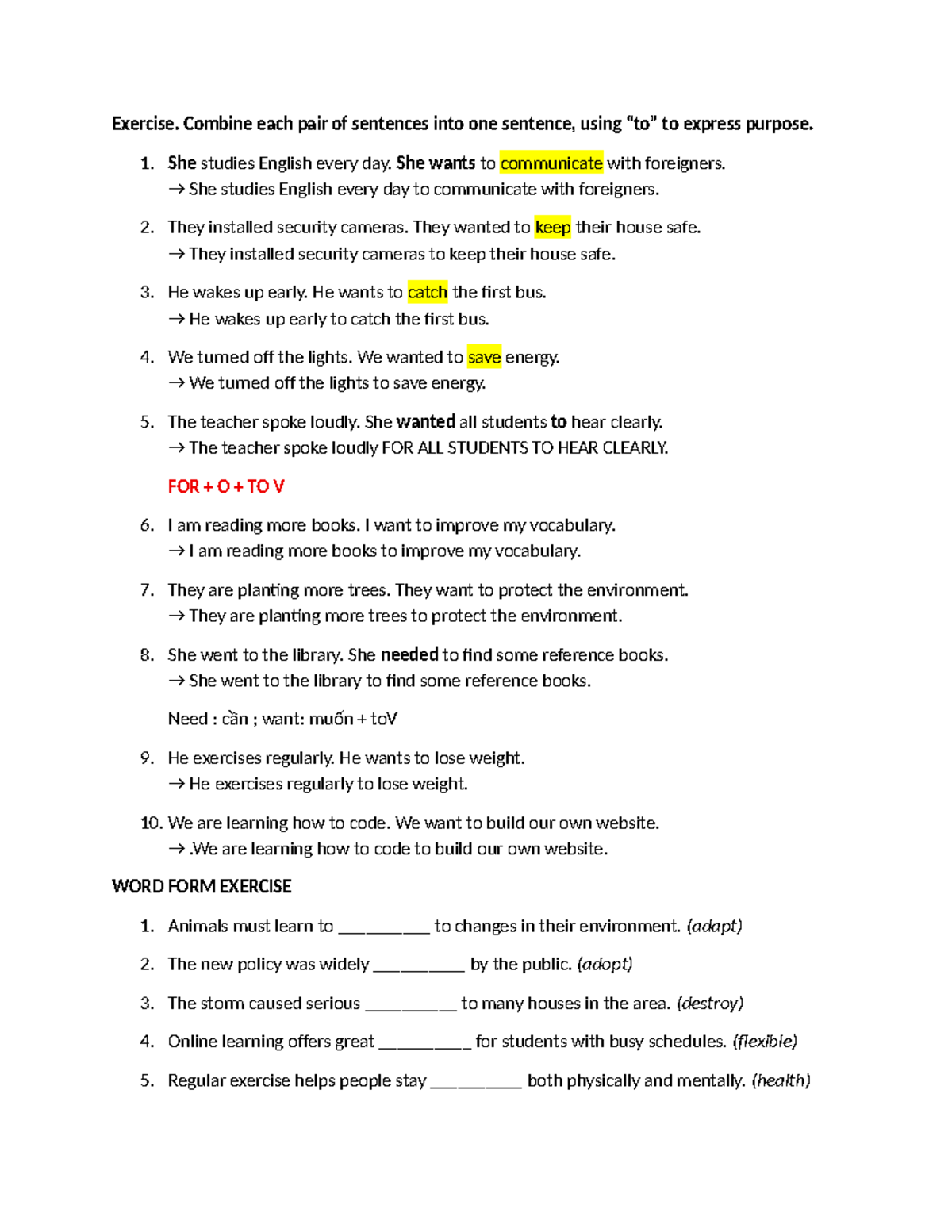 Exercise - Combining Sentences for Purpose and Word Form Practice - Studocu