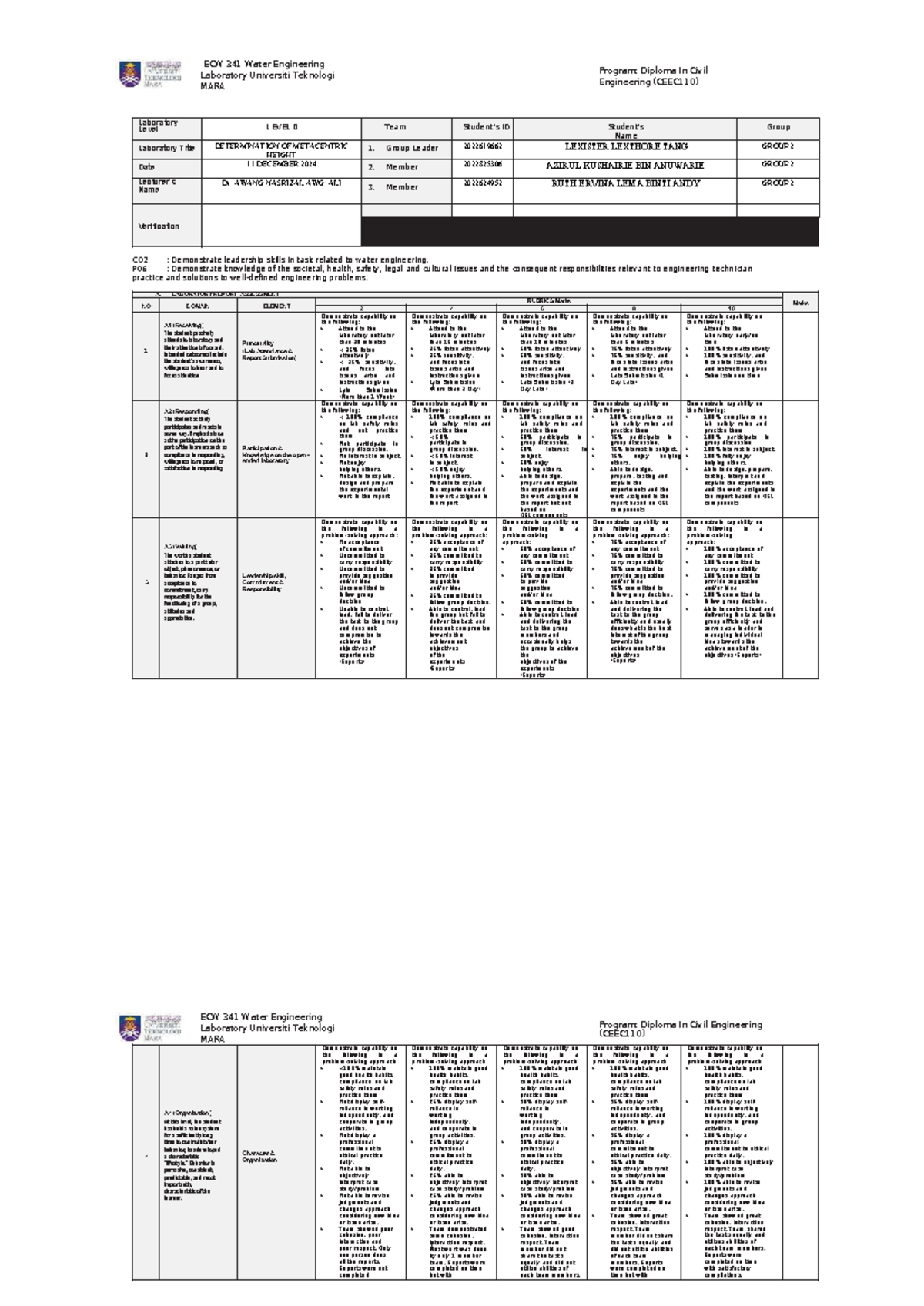LAB Report 8: Determination of Metacentric Height - ECW 341 - Studocu