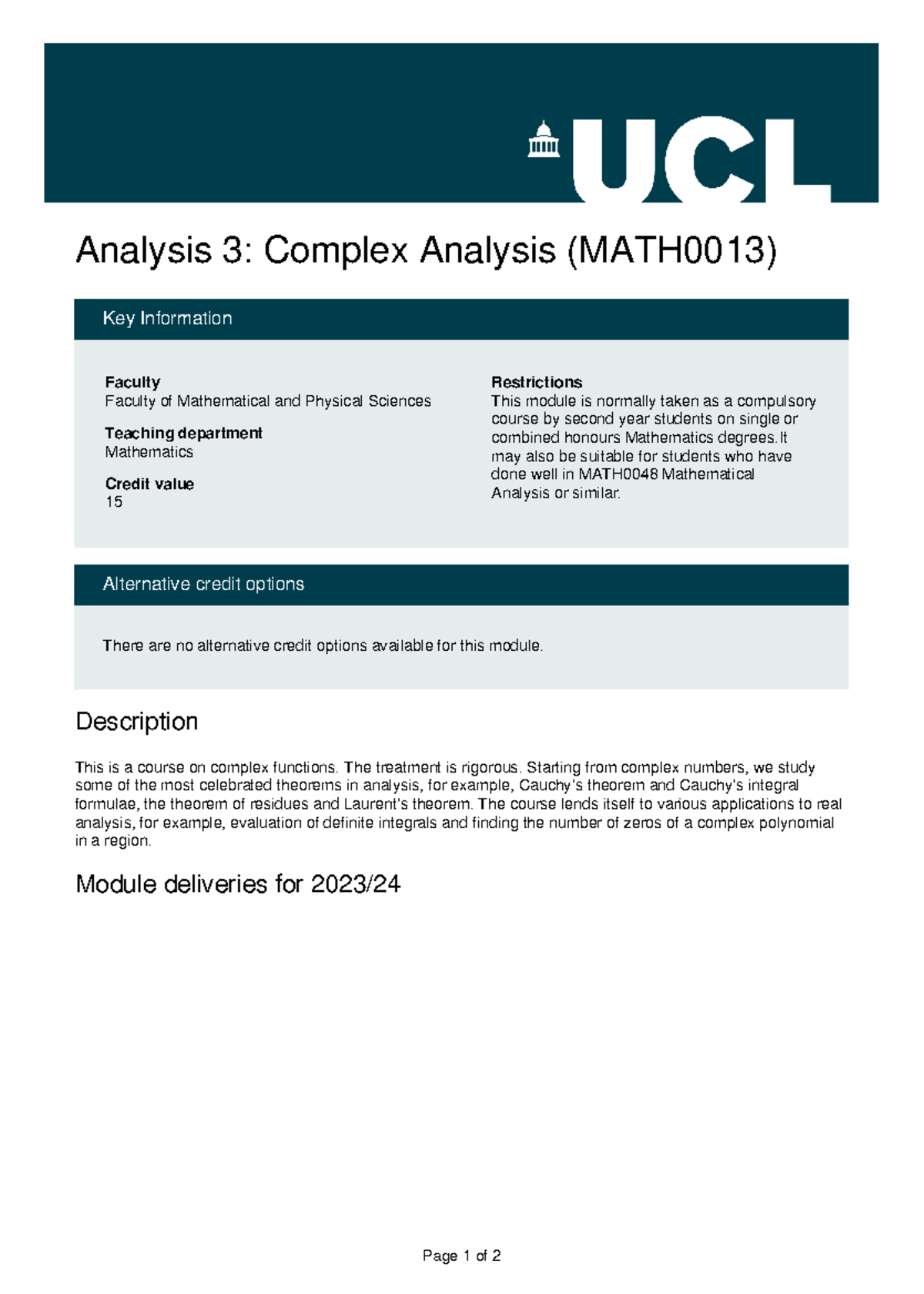 MOD-MATH0013-2023: Overview of Complex Analysis Course - Studocu