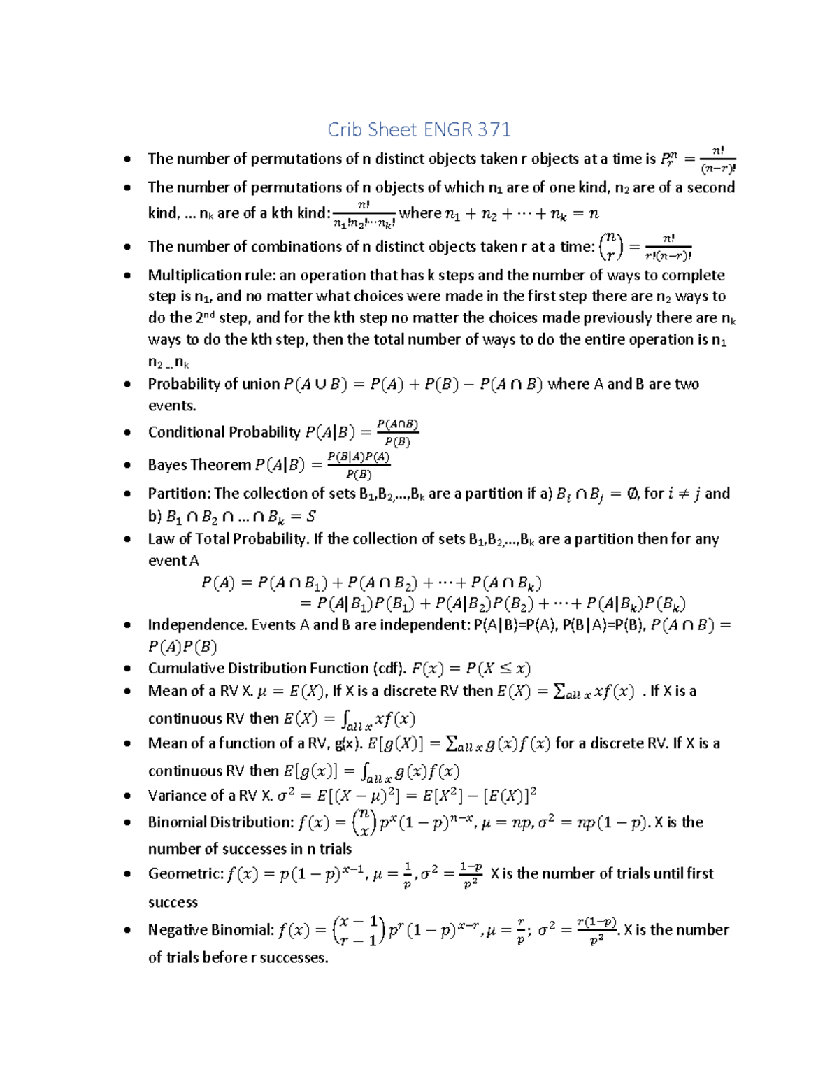 Final Exam Formula Sheet for ENGR 371 - Studocu