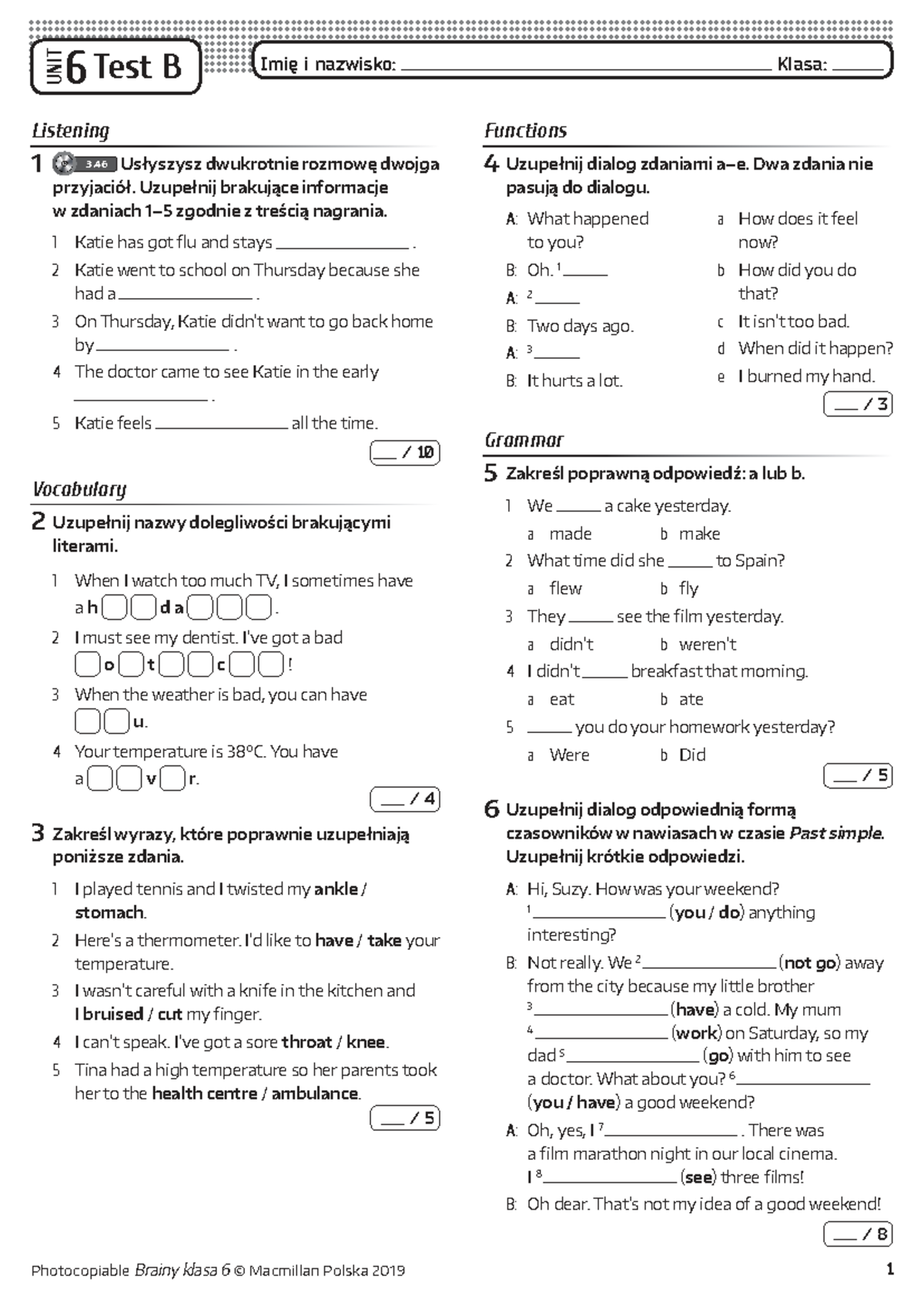 638685403 Brainy Kl6 Unit Test 6B – Listening & Vocabulary - Studocu