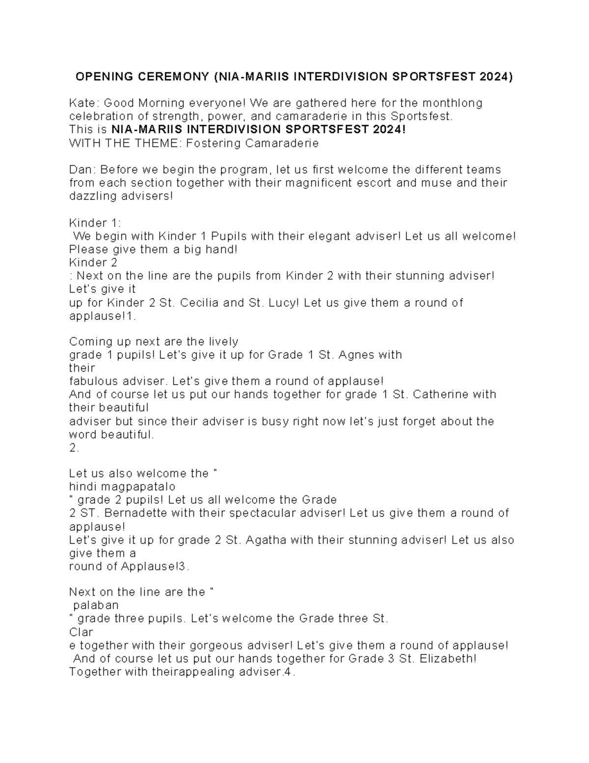 NIA-MARIIS 2024 Interdivision Sportsfest Opening Ceremony Script - Studocu