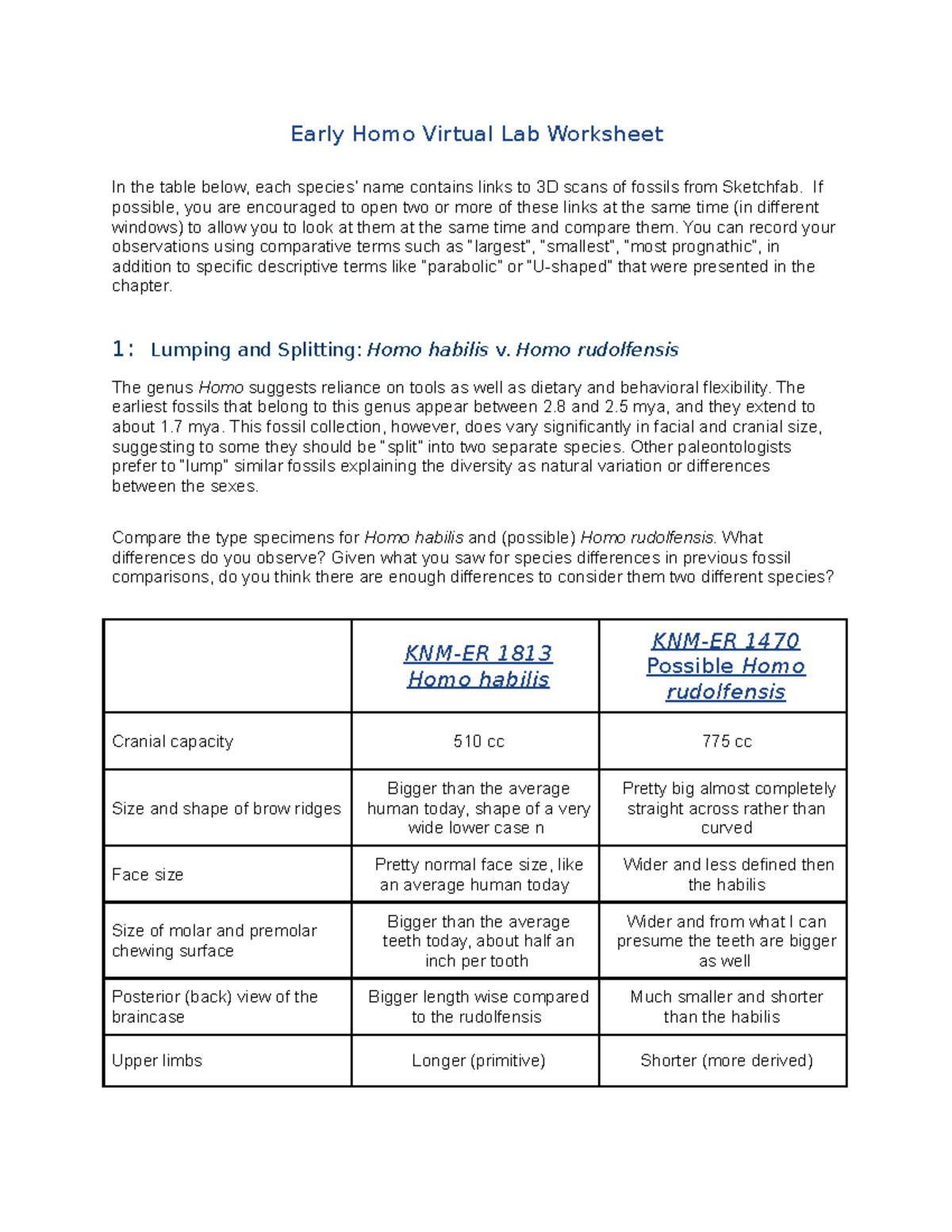 Exercise 3: Early Homo Virtual Lab Worksheet ANTH103 Async - Studocu
