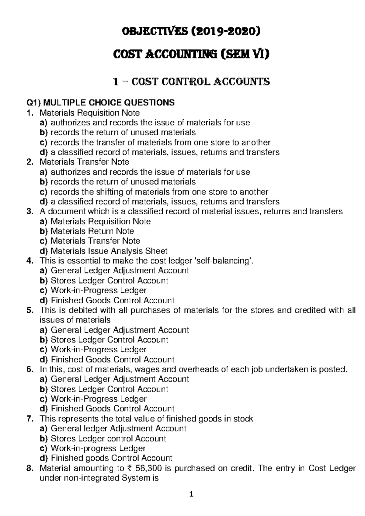 Cost Control Accounts in Cost Accounting (SEM VI) - MCQs and Answers ...