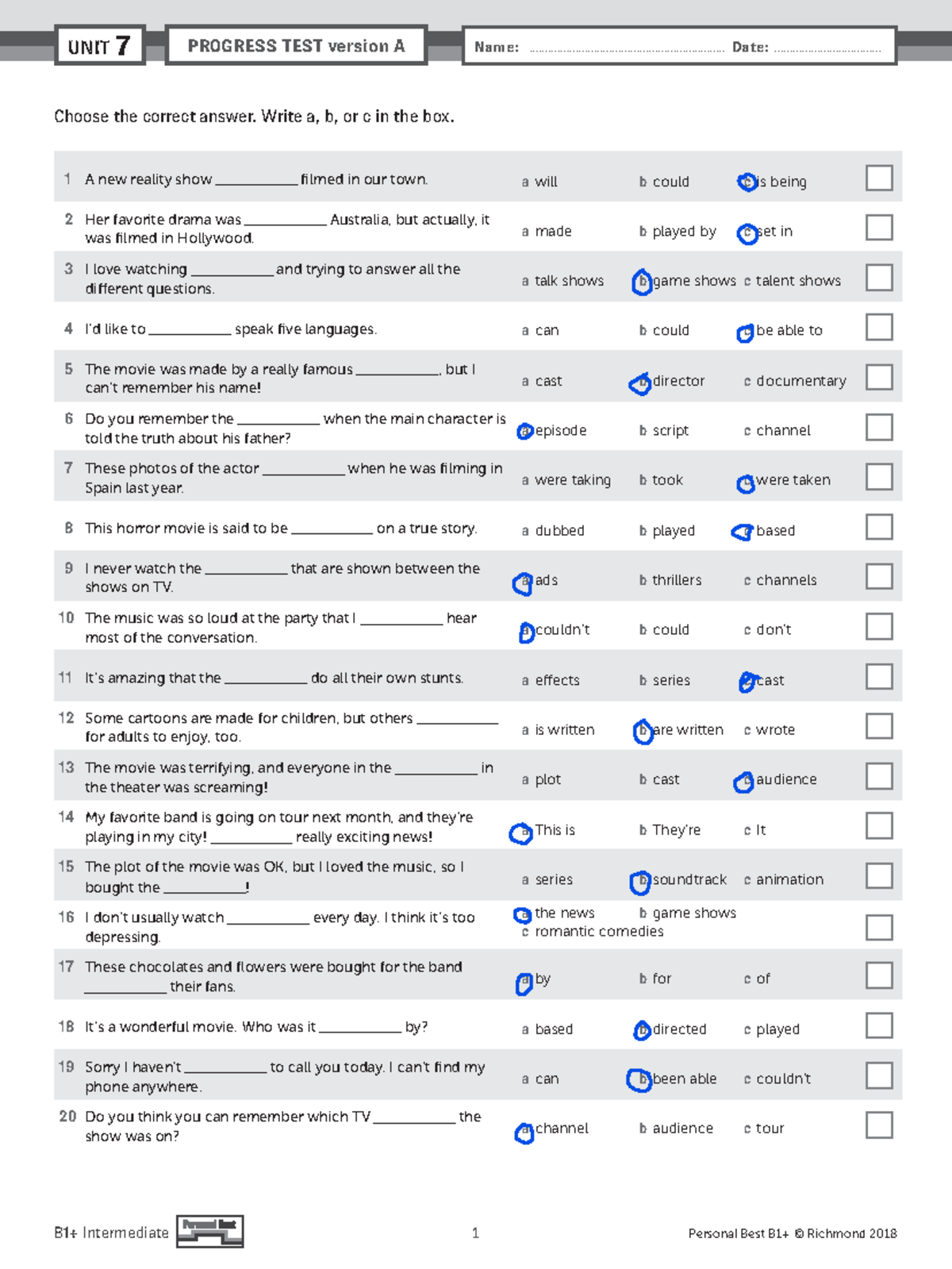 PB Am E B1+ Unit Test U7 Progress Test Version A - Studocu