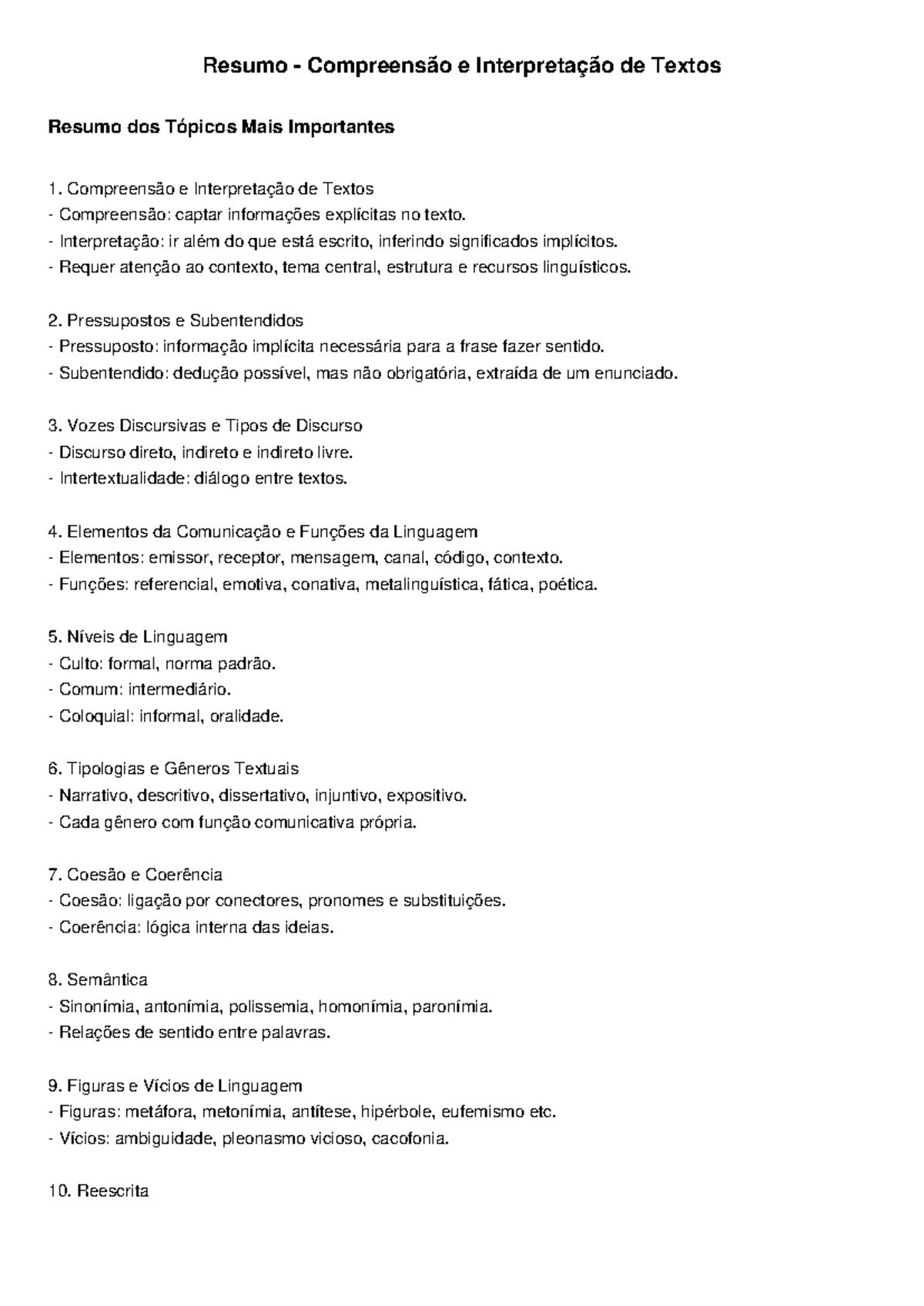 Resumo dos Tópicos Importantes: Compreensão e Interpretação de Textos ...