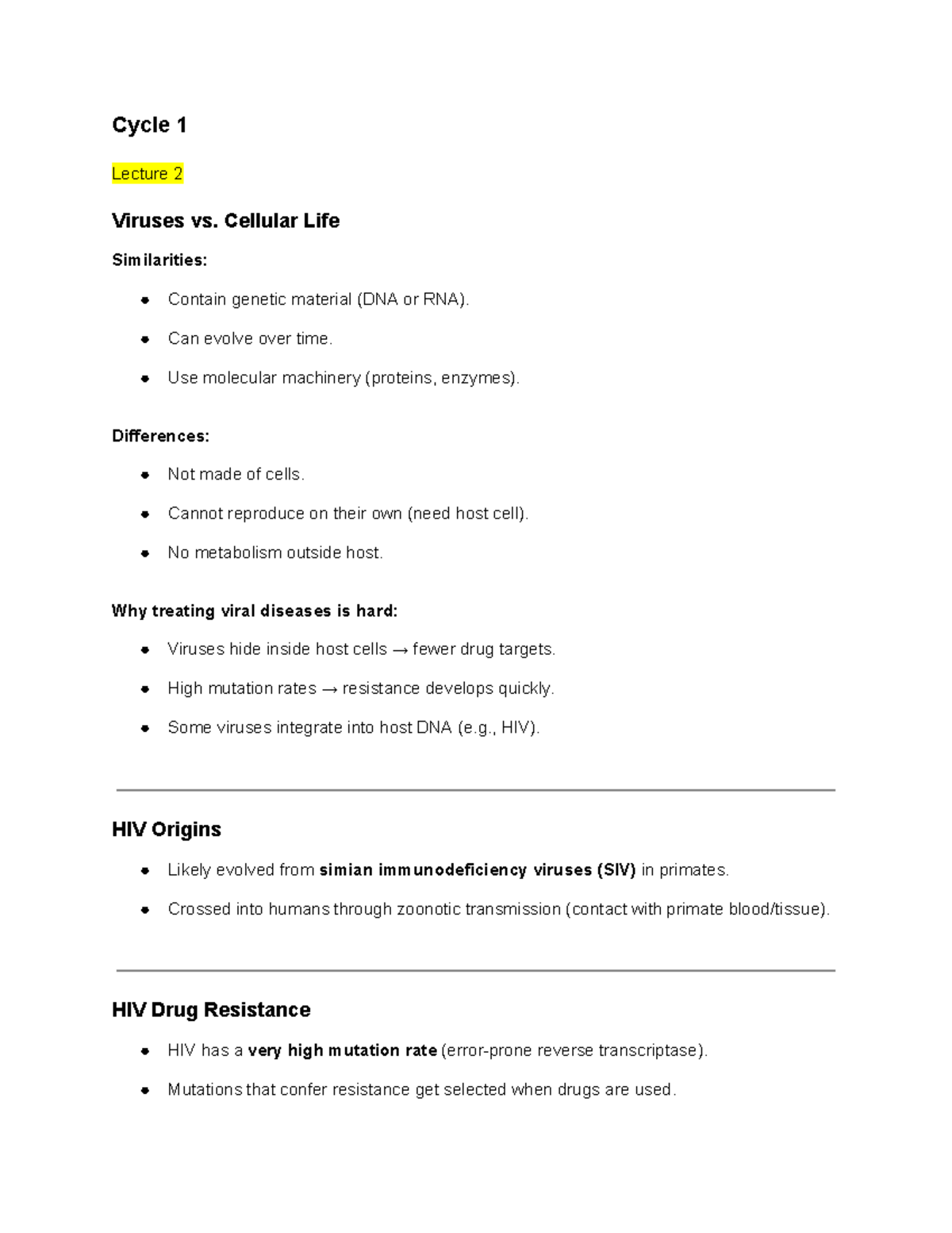 Biology 101 Cycle 1 Lecture Notes: Viruses, Cell Cycle, and Genetics ...