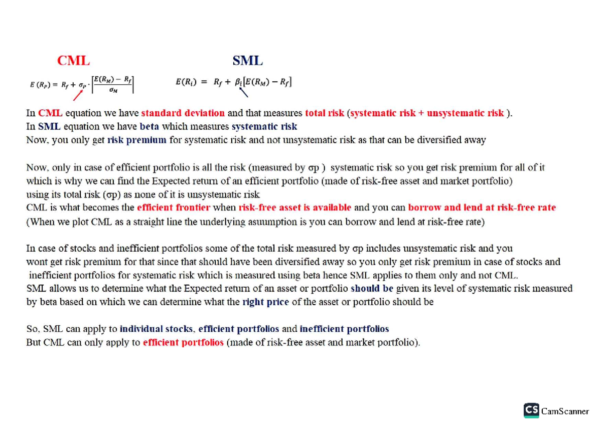 CML vs. SML: Understanding Risk and Expected Returns in Finance - Studocu