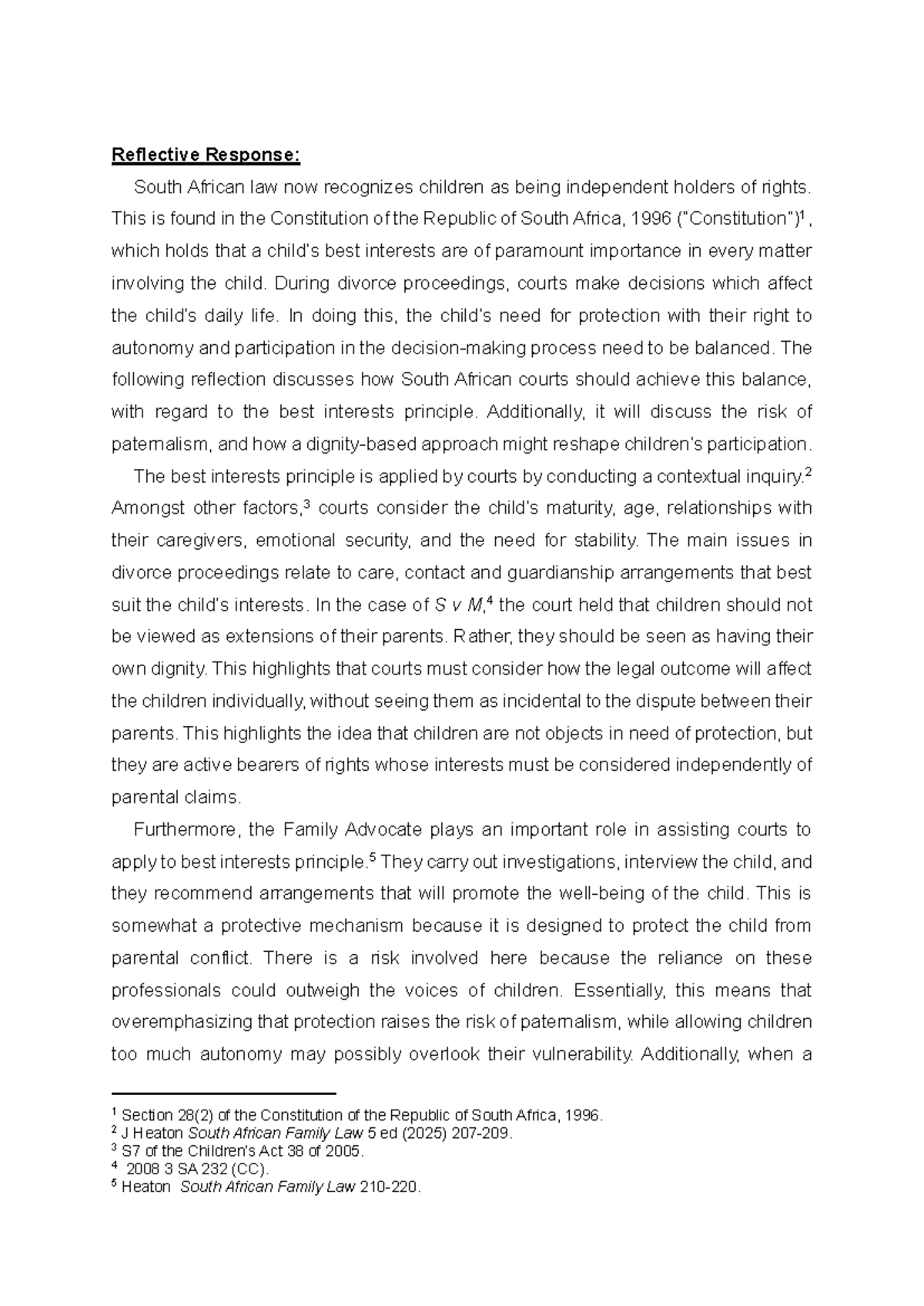 Reflective Response: Balancing Child Rights in South African Law - Studocu