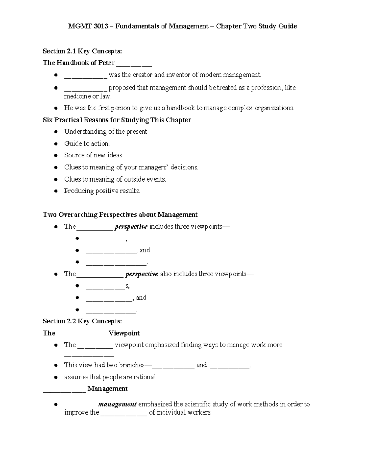 MGMT 3013 Fundamentals of Management Chapter 2 Study Guide - Studocu