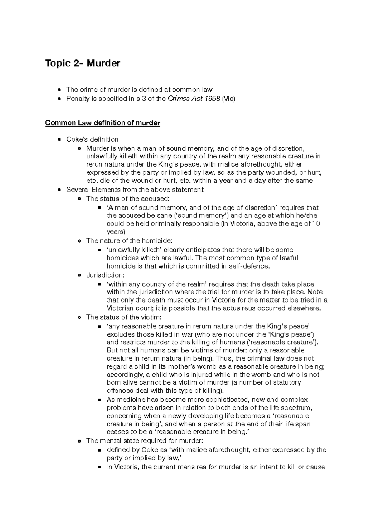 Murder - Topic 2- Murder The crime of murder is defined at common law ...