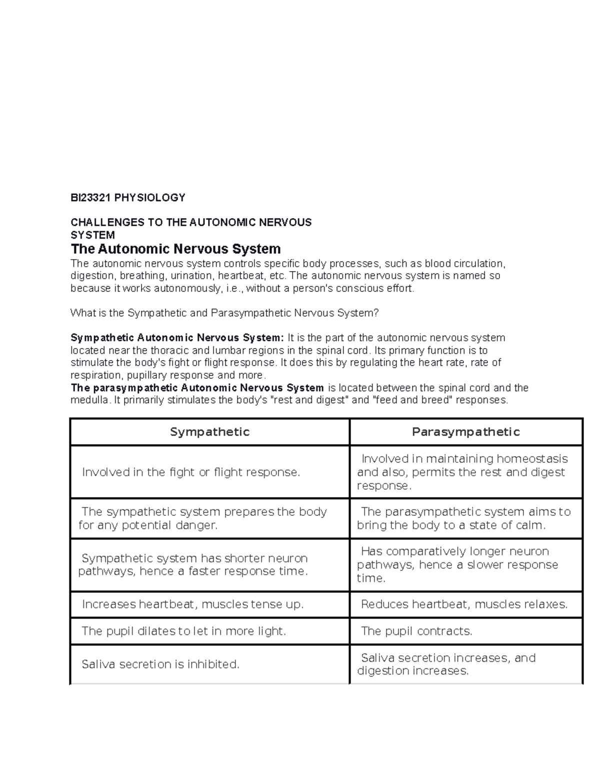 BI23321 Final Exam: Challenges to the Autonomic Nervous System - Studocu