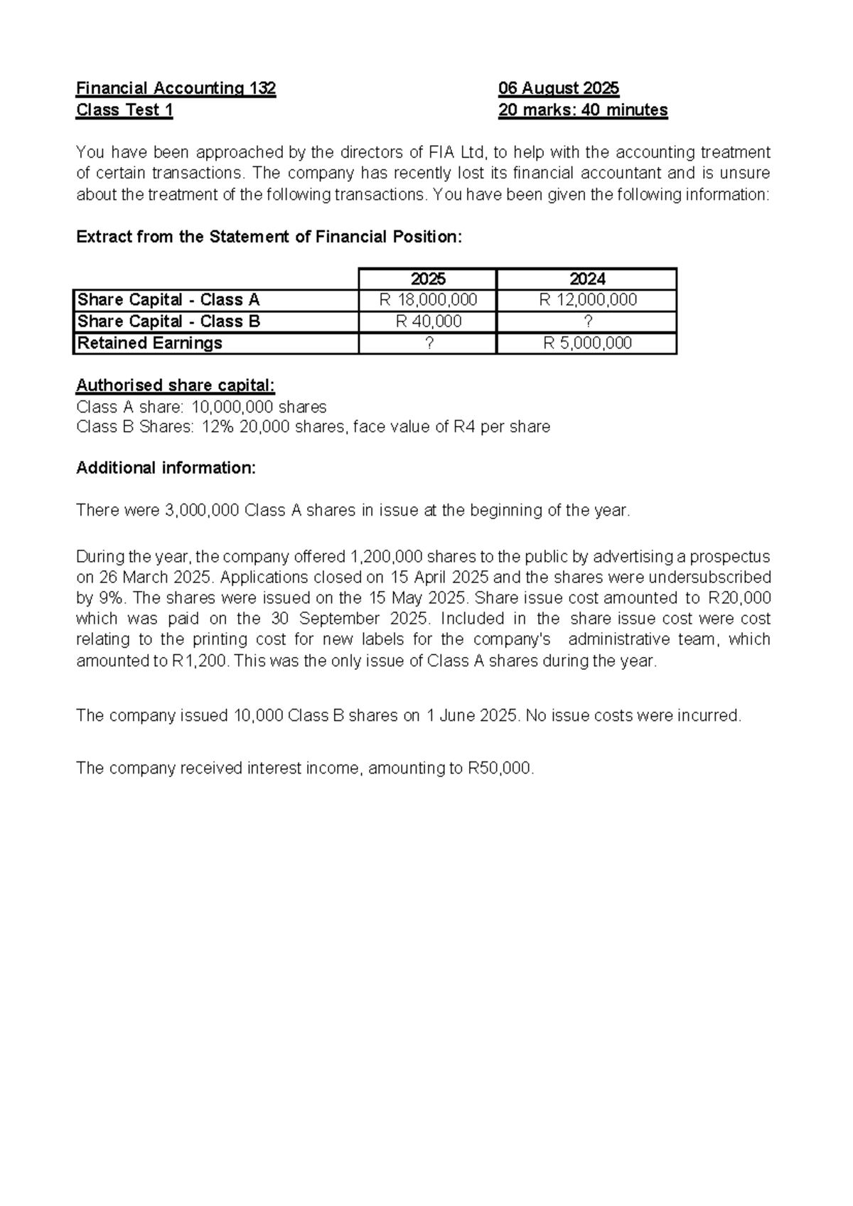 2025 FIA132 - Financial Accounting Class Test 1 Overview - Studocu
