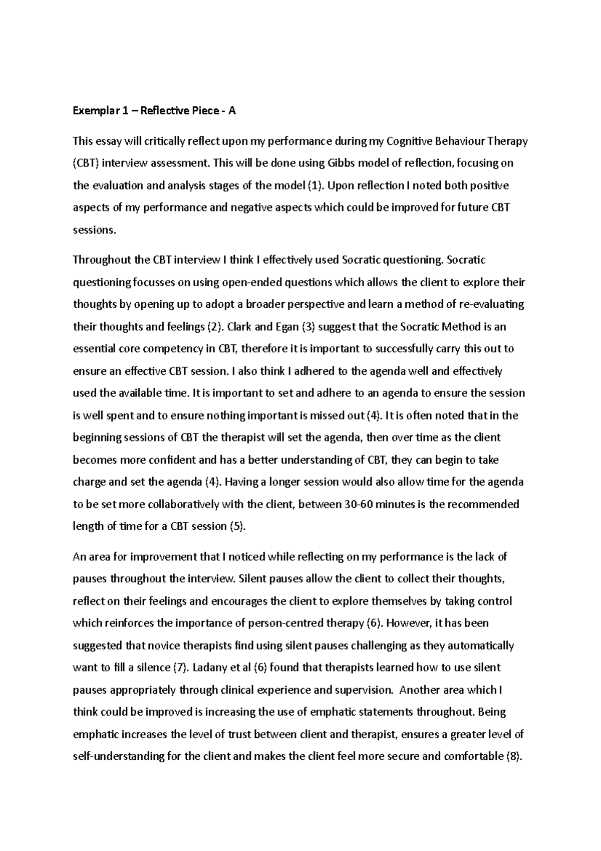 Reflective Writing on CBT Interview Skills: Exemplar 1 Analysis - Studocu