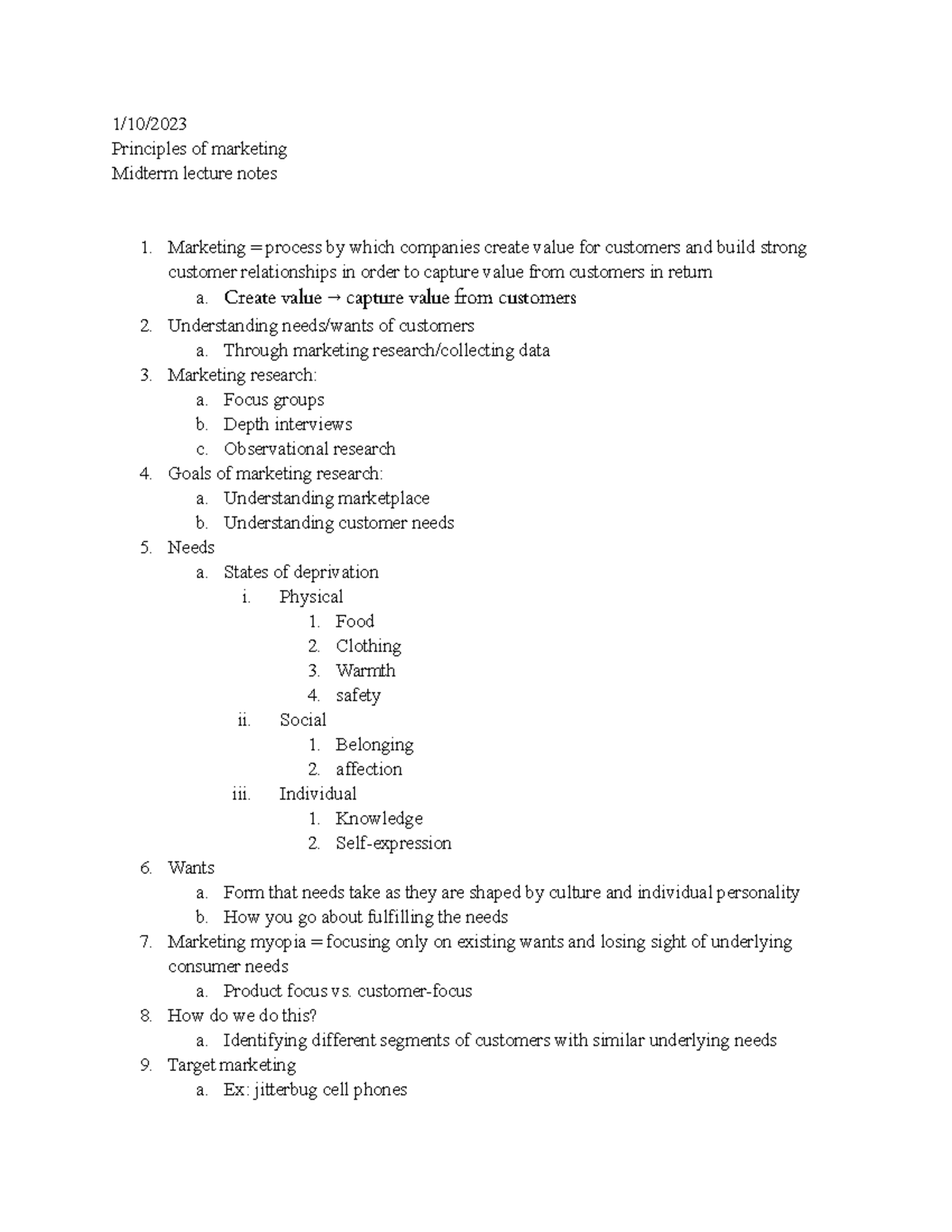Marketing (MKT 101) - Lecture Notes for Midterm Exam Review - Studocu