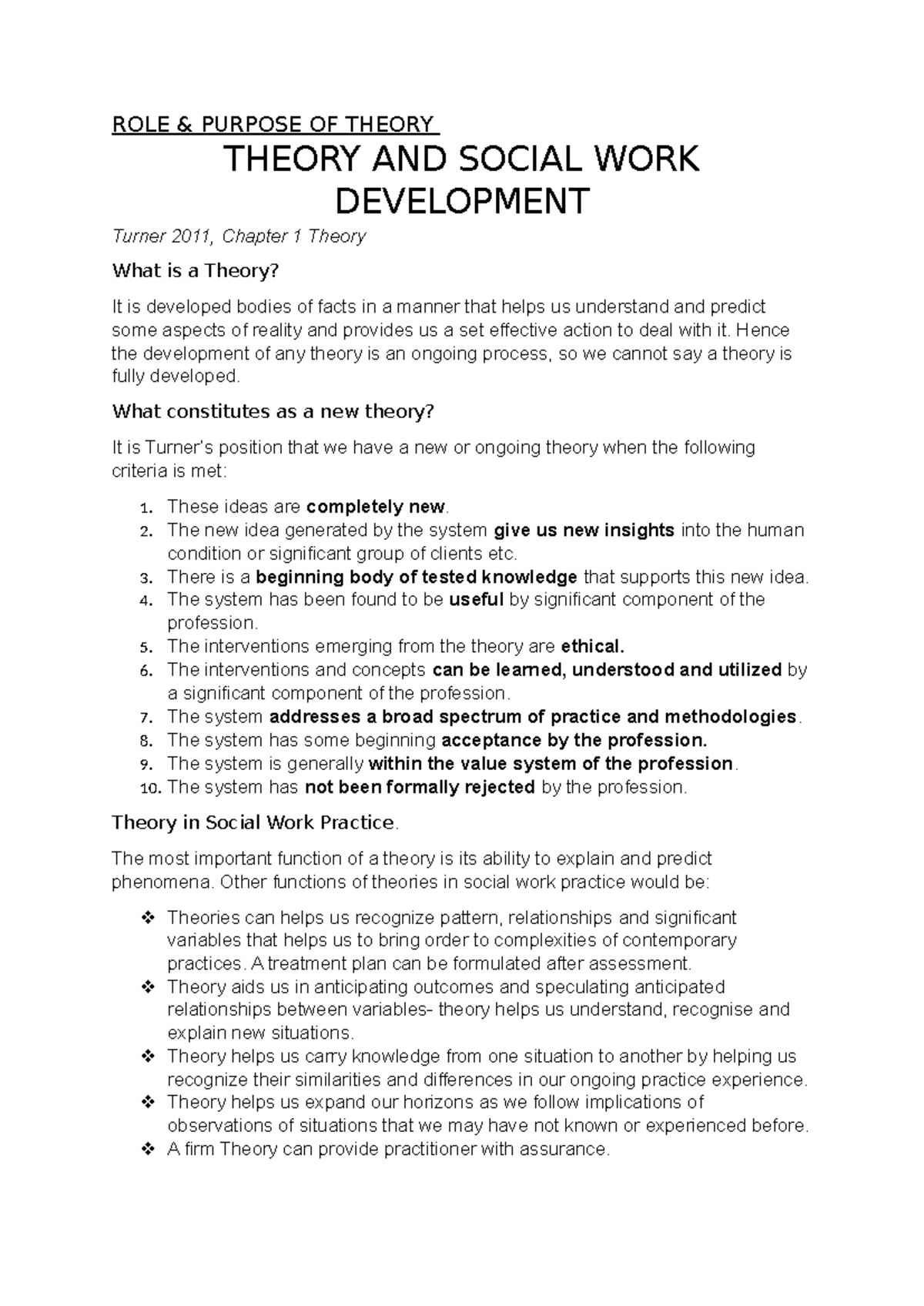 ROLE and Purpose of Theory in Social Work Development (Turner 2011 ...