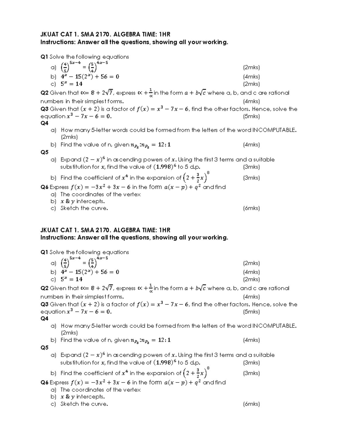 JKUAT SMA 2170 Algebra CAT 1 Exam - 1 Hour - Studocu