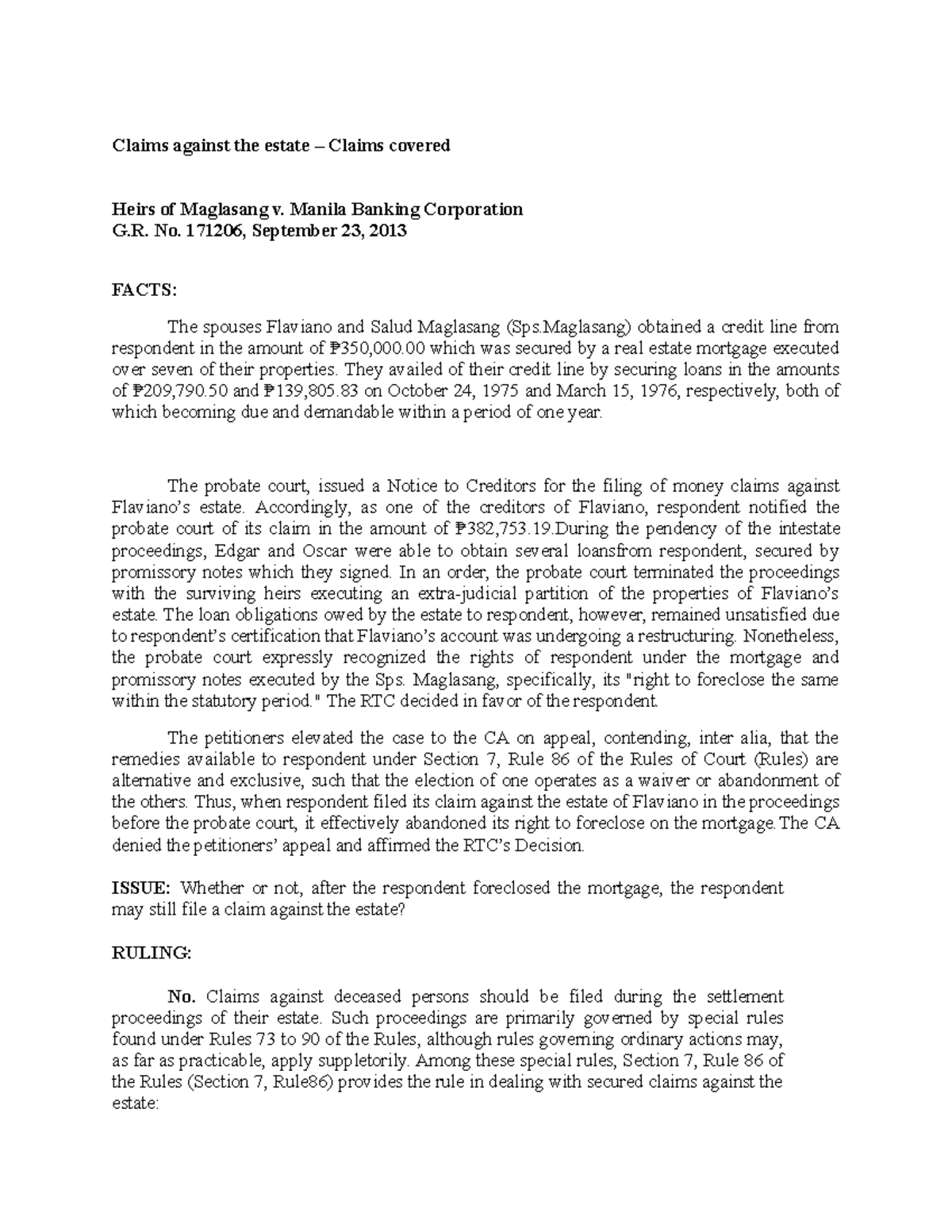 Heirs of Maglasang vs. Manila Banking Corp. - G.R. No. 171206 Case ...