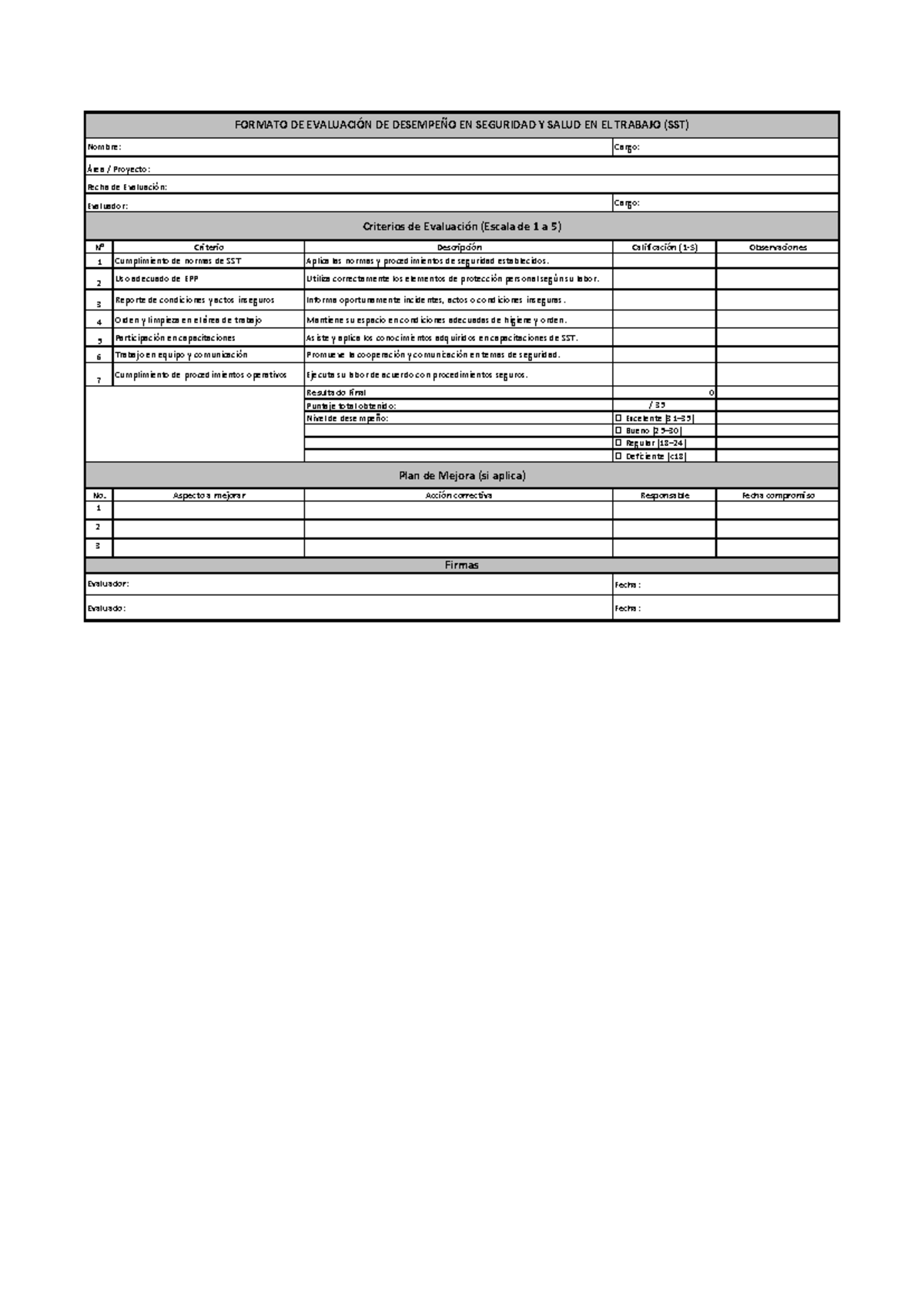 Formato de Evaluación de Desempeño en SST - Prácticas de Higiene - Document Preview