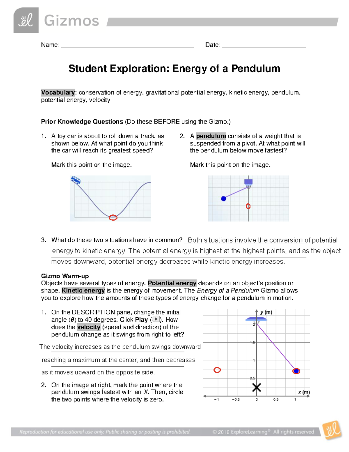 Student Exploration: Energy of a Pendulum - Name ...