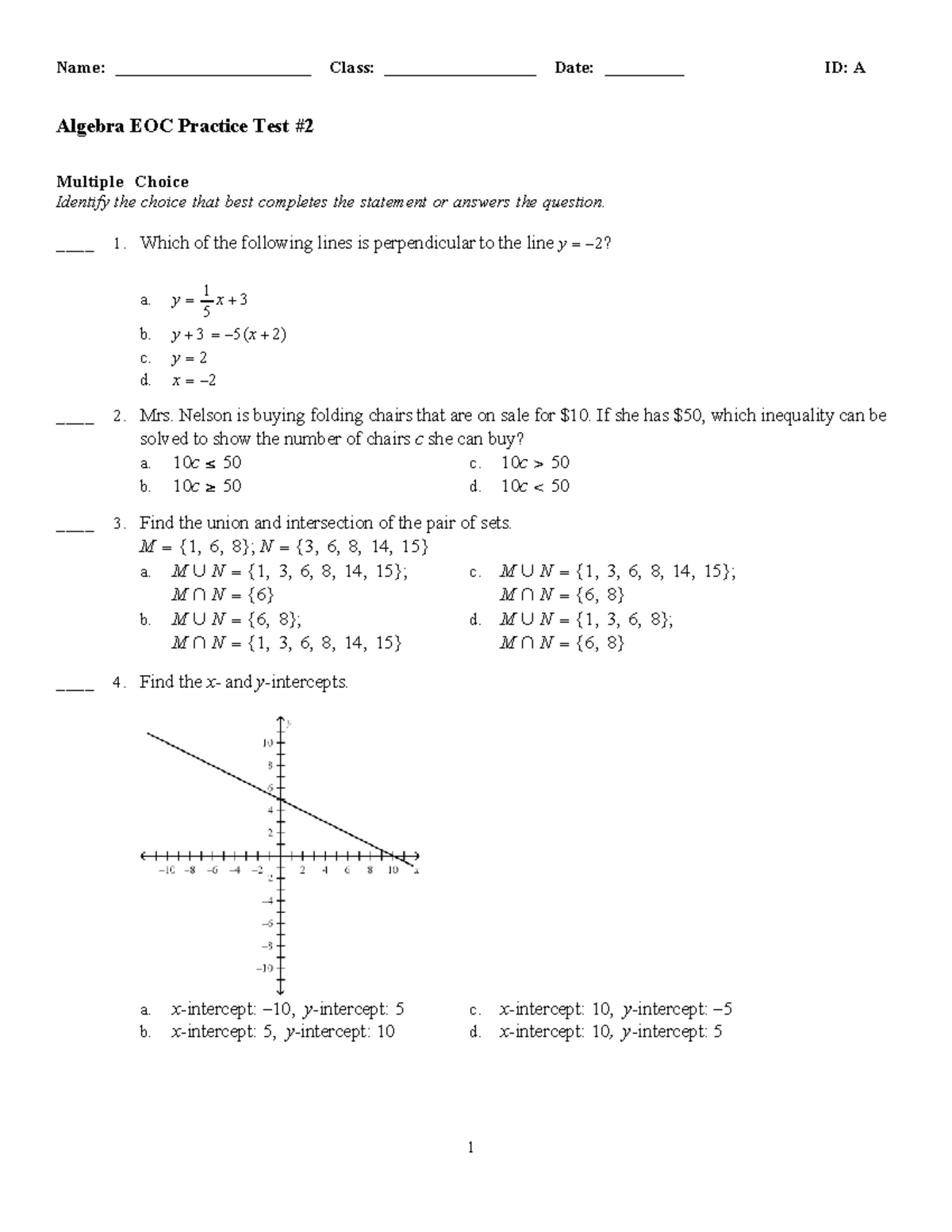 Algebra EOC Practice Test 2: Multiple Choice Questions - Studocu