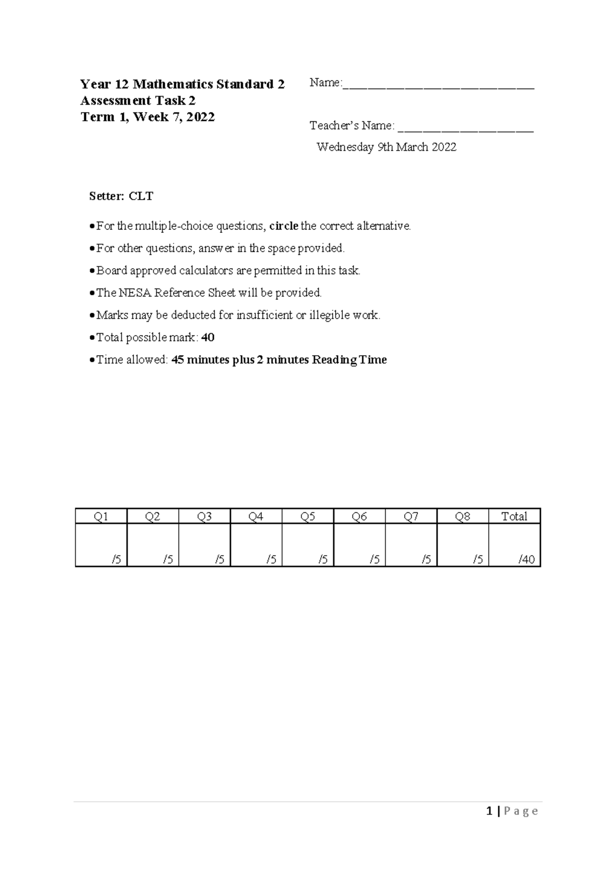 2022 Year 12 Mathematics Standard 2 Assessment Task 2 - Studocu