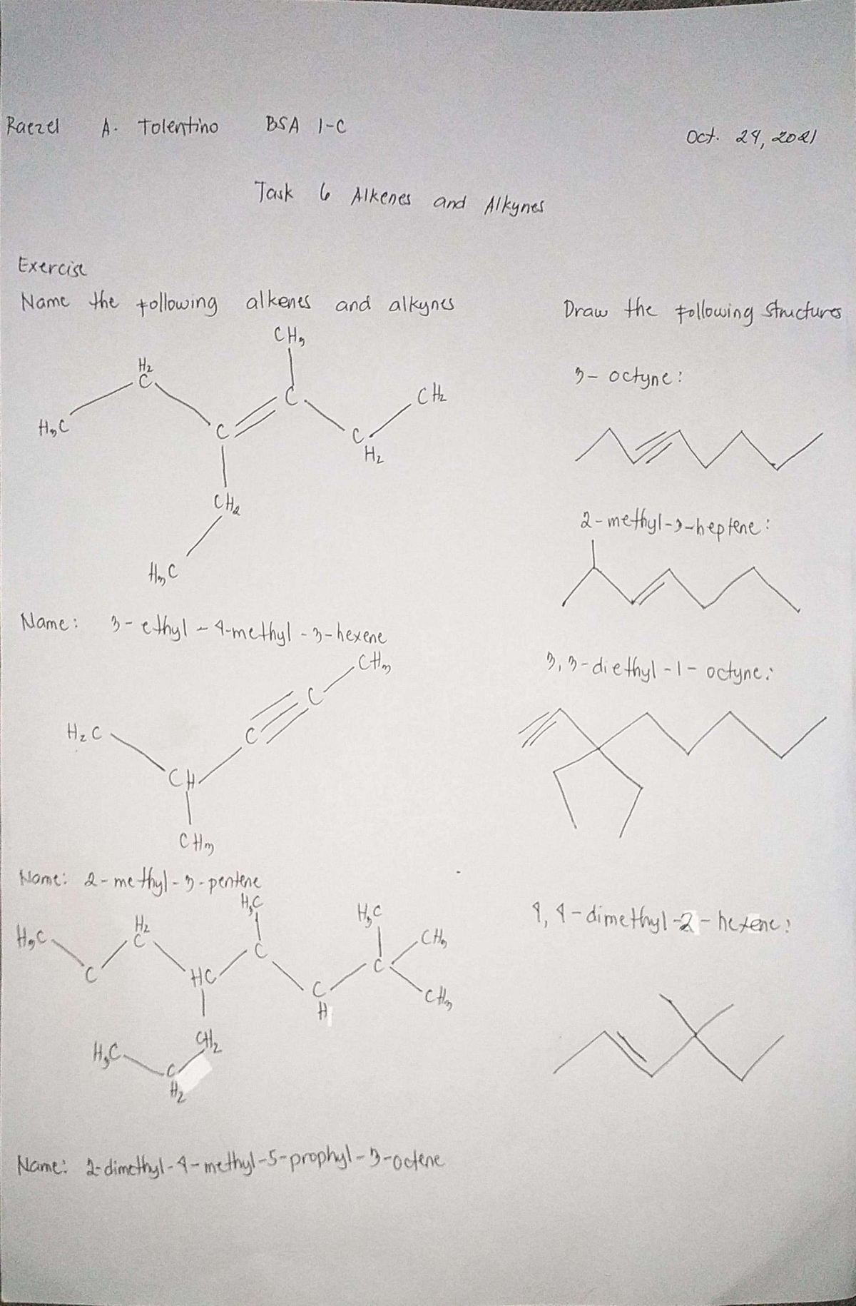 Task 6: alkenes and alkynes - Bachelor of science in agriculture - ISAT ...
