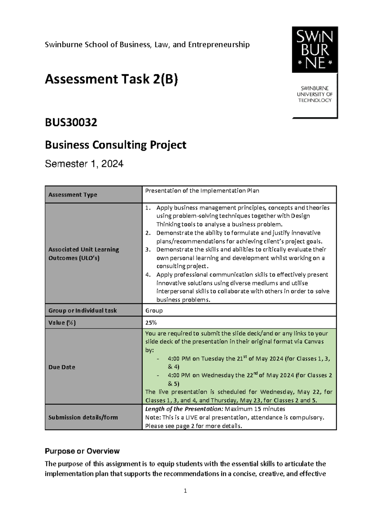 Implementation Plan Presentation for BUS30032 - Assessment 2B S1 2024 ...