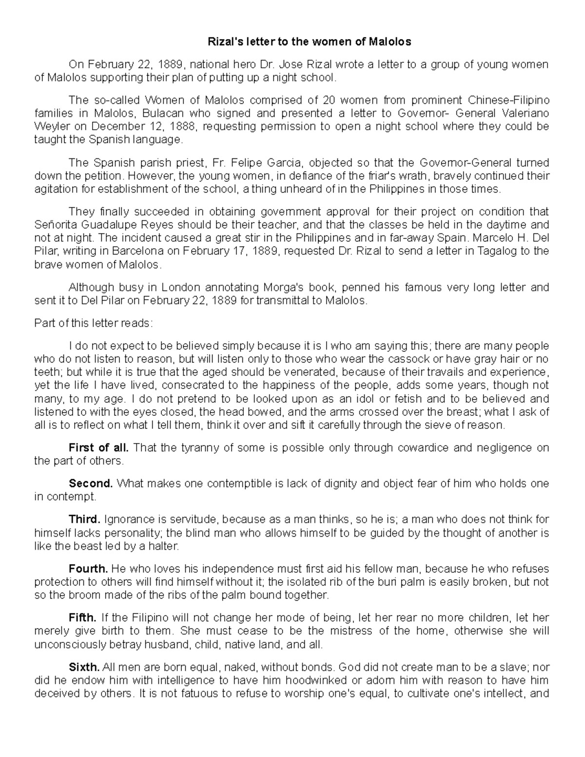 Rizal's letter to the women of Malolos - What is it about - Rizal's ...