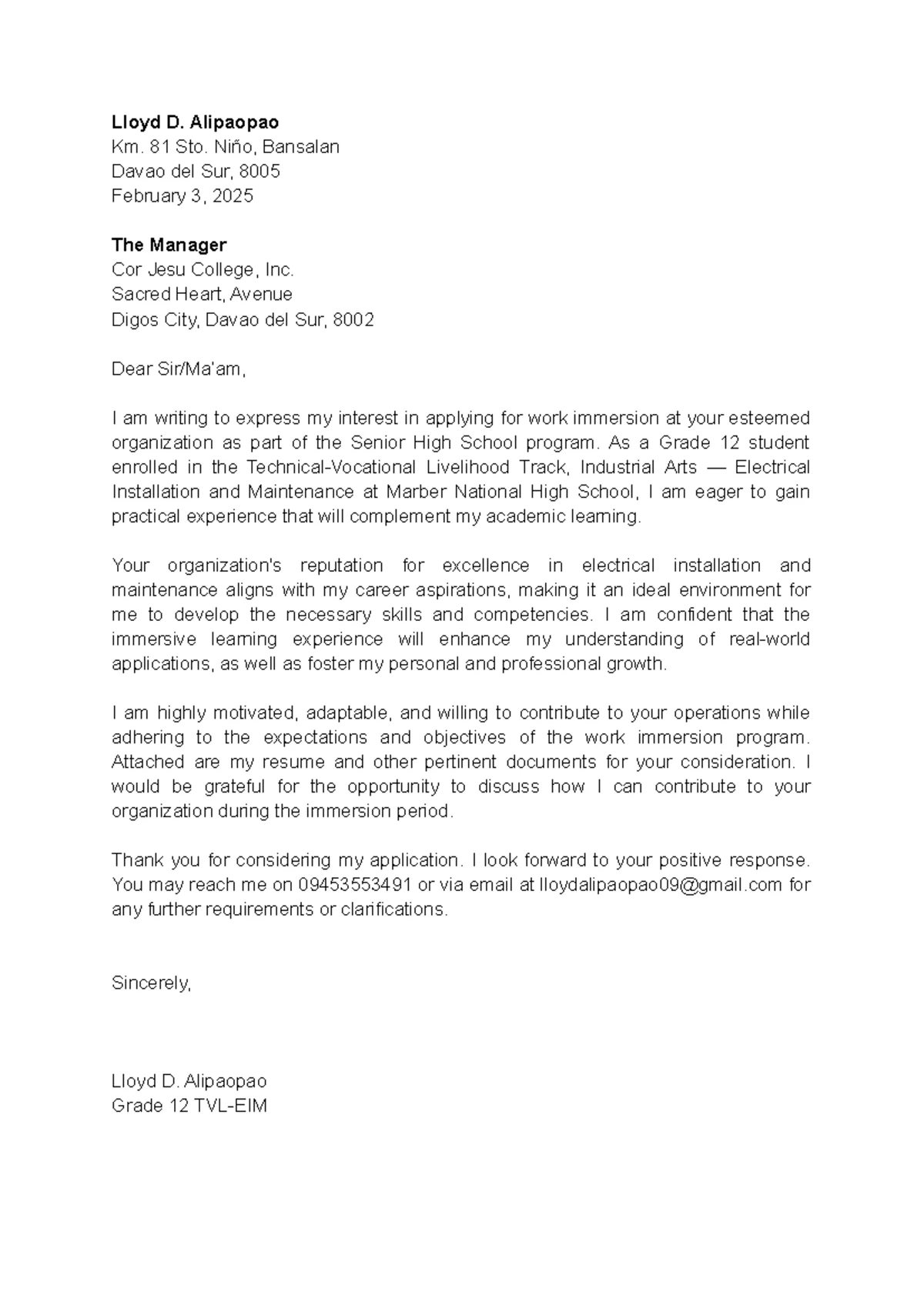 AL - Application Letter for Work Immersion at Cor Jesu College - Studocu