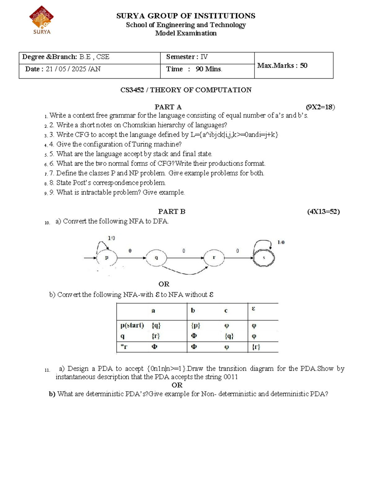 CS3452 Model Exam: Theory of Computation - B.E. CSE Sem IV - Studocu