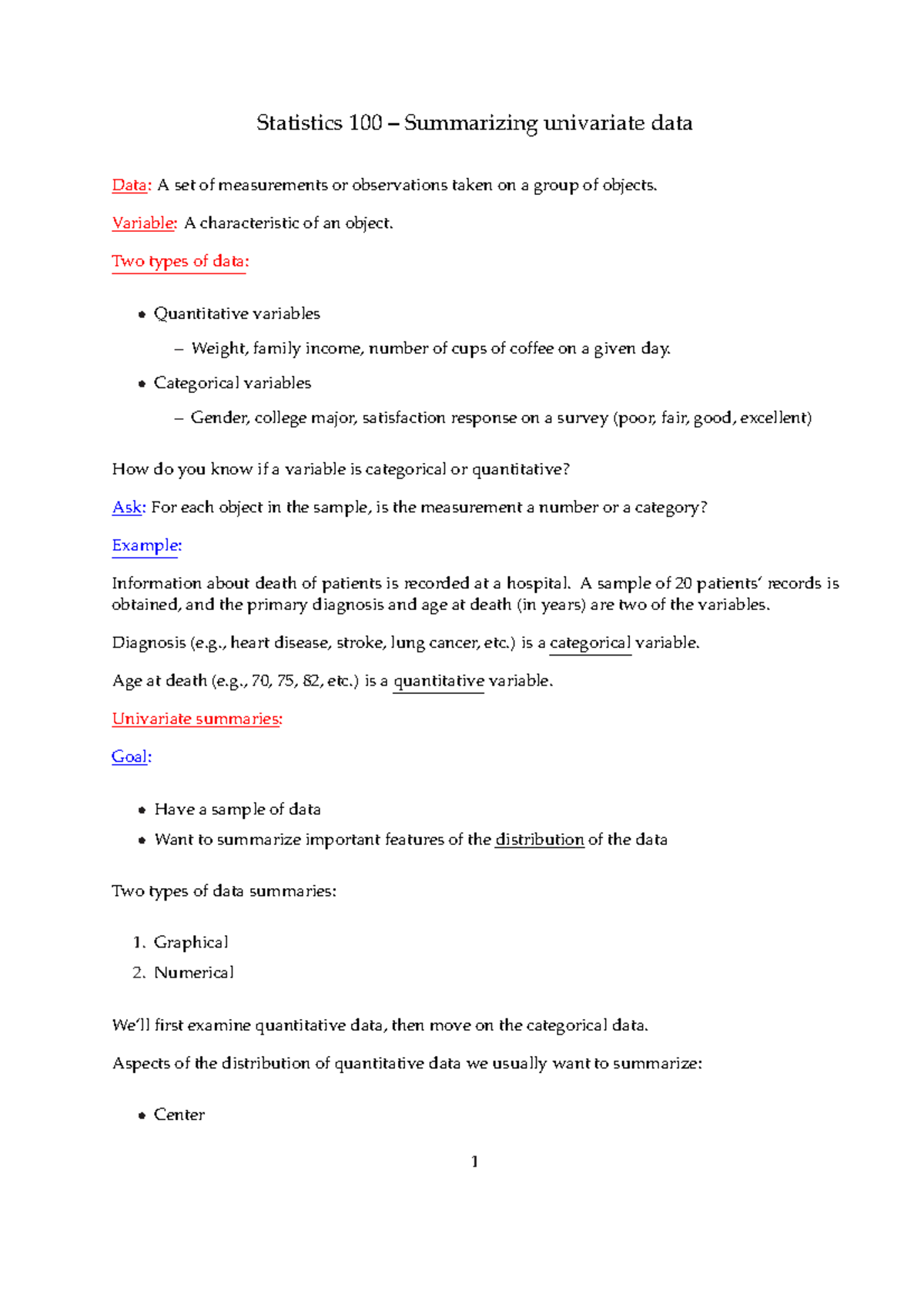 Lecture Notes: Statistics 100 - Univariate Data Analysis (Lecture 1 ...