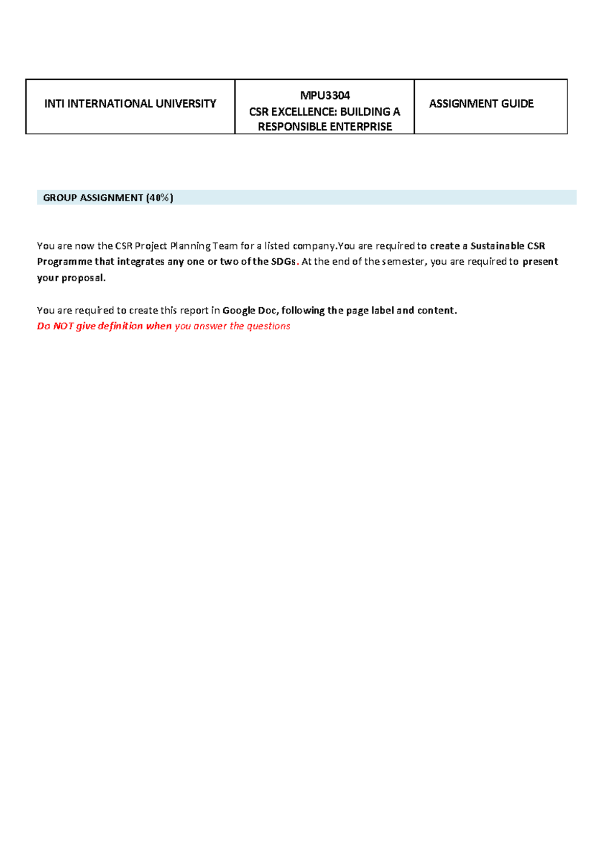 MPU3304 CSR Excellence: Group Assignment Guide for Sustainable CSR ...