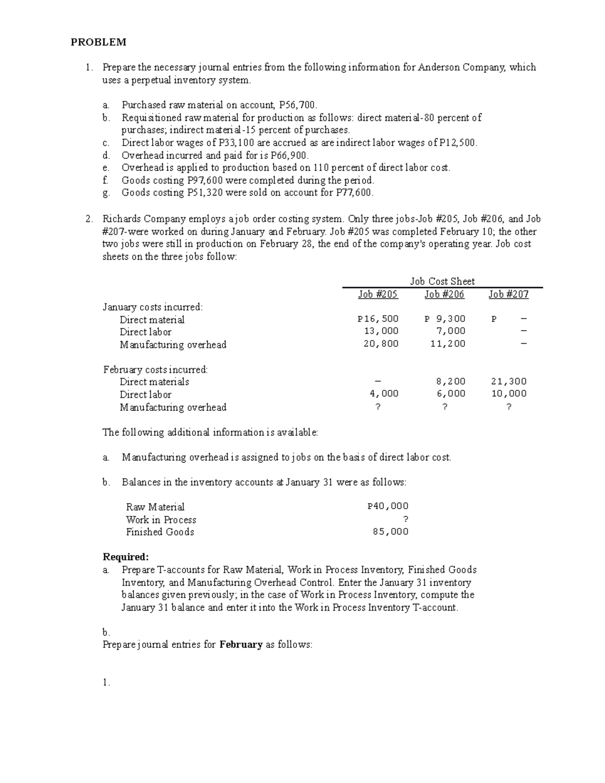 Journal Entry Problem - Job Order System for Accounting - Studocu