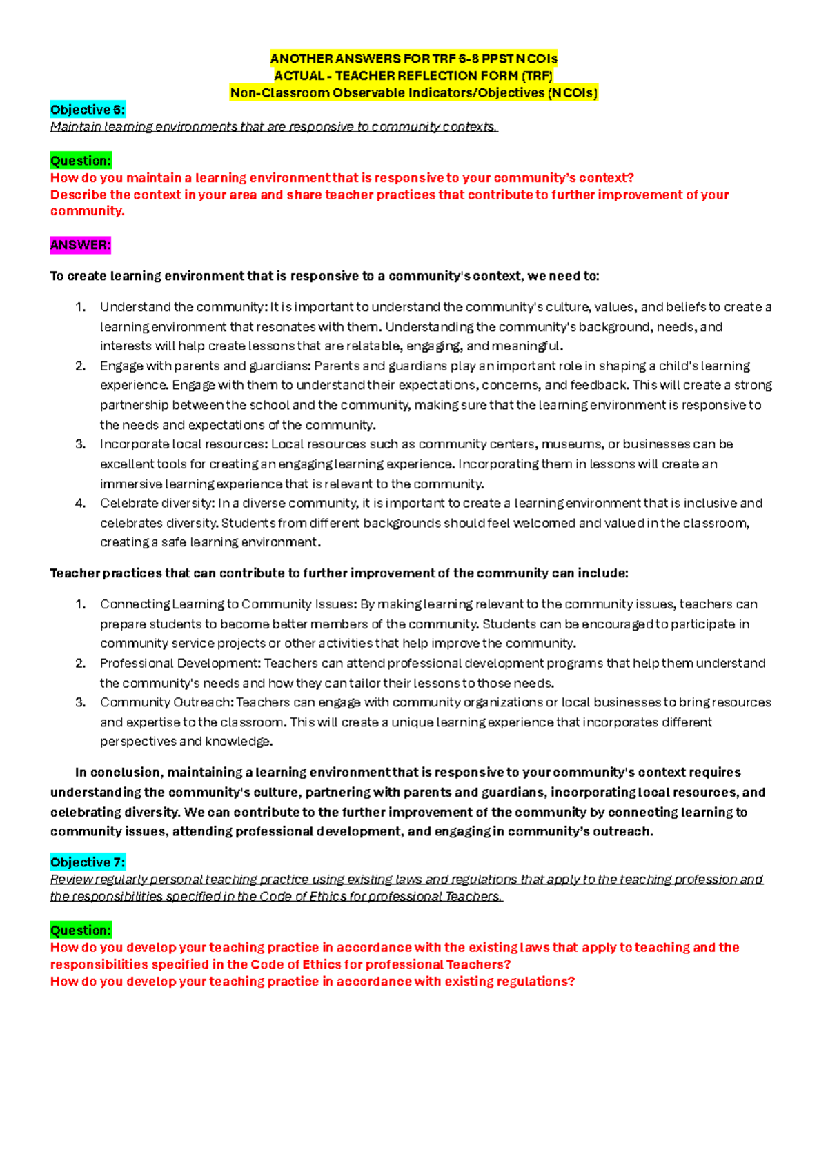 Objectives 6 – 8 (Set 3) - Teaching - ANOTHER ANSWERS FOR TRF 6- 8 PPST ...