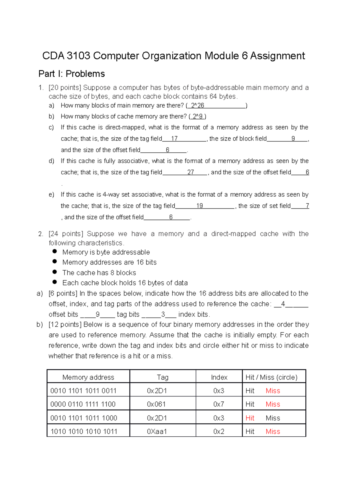 CDA 3103 Module 6 Assignment - CDA 3103 Computer Organization Module 6 ...