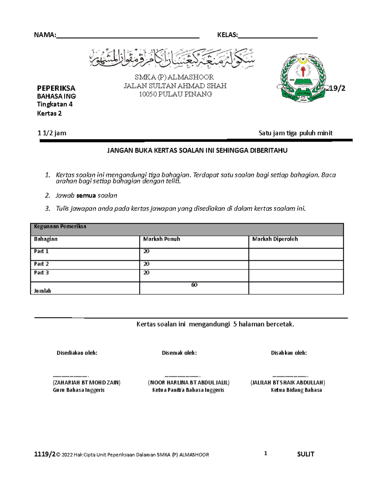 Peperiksaan Akhir Tahun 2022 1119/Bahasa Inggeris Tingkatan 4 - Studocu