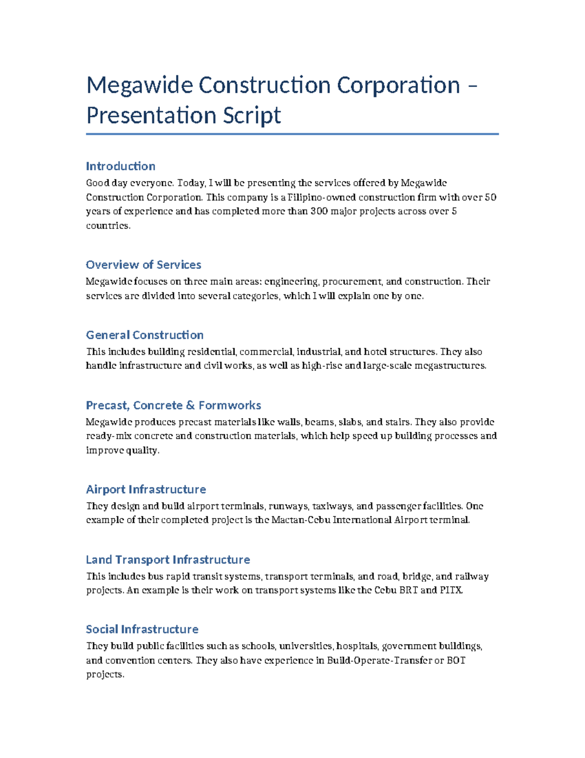 Megawide Construction Corp. Services Overview Presentation Script - Studocu